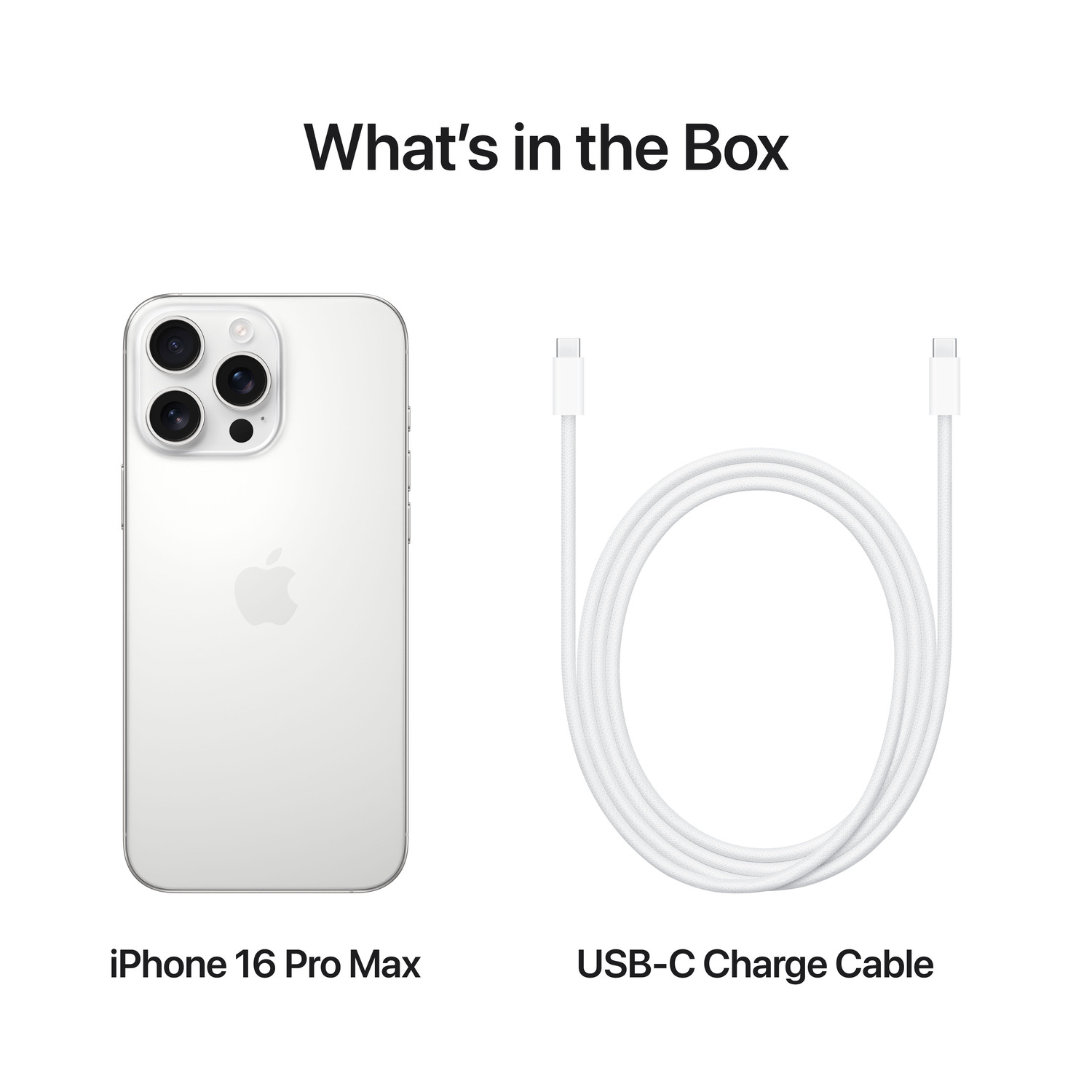 iPhone, câble USB-C. iPhone 16 Pro Max et câble sur fond blanc.