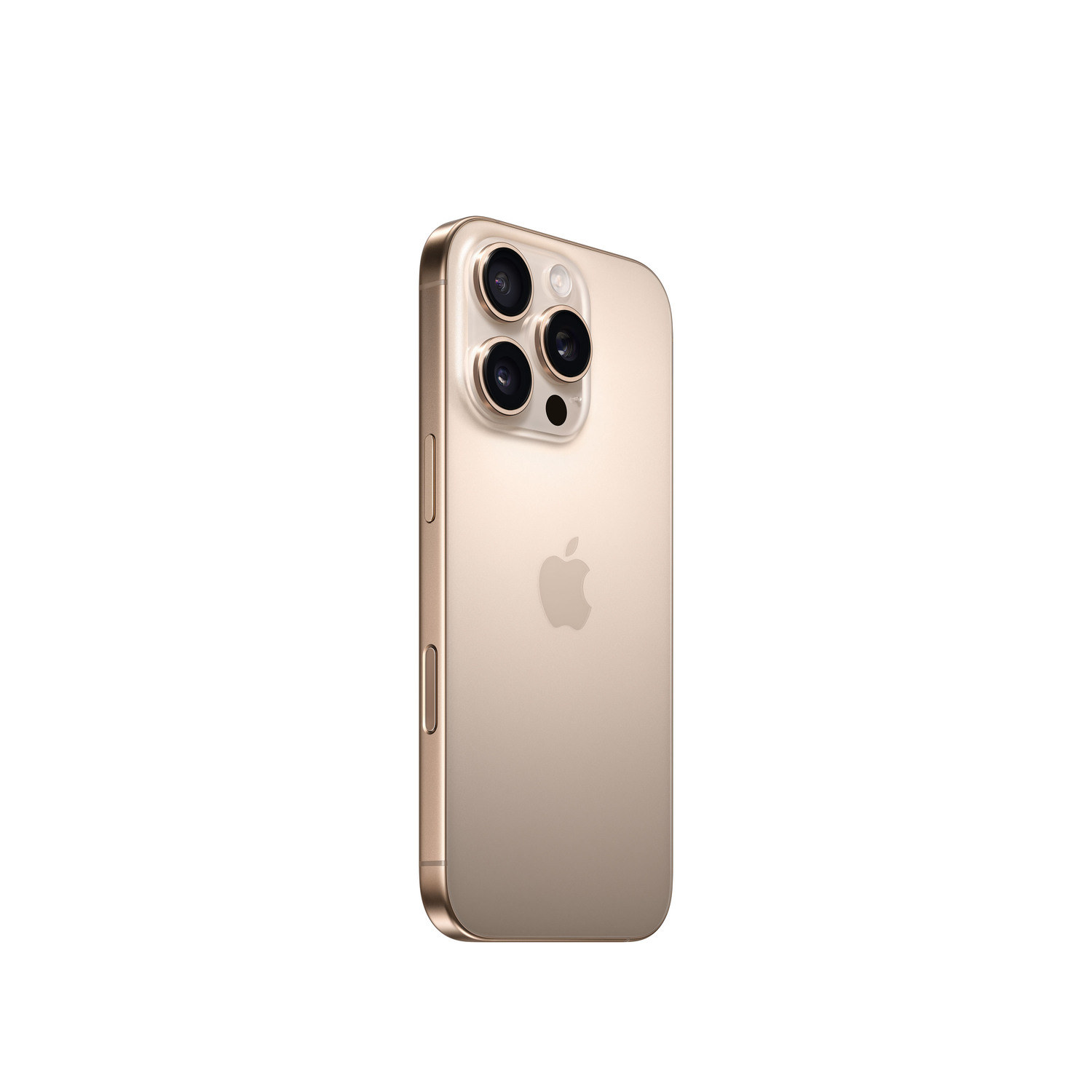 iPhone doré, vue arrière. Trois objectifs de caméra et un logo Apple. Le côté a des boutons de volume.