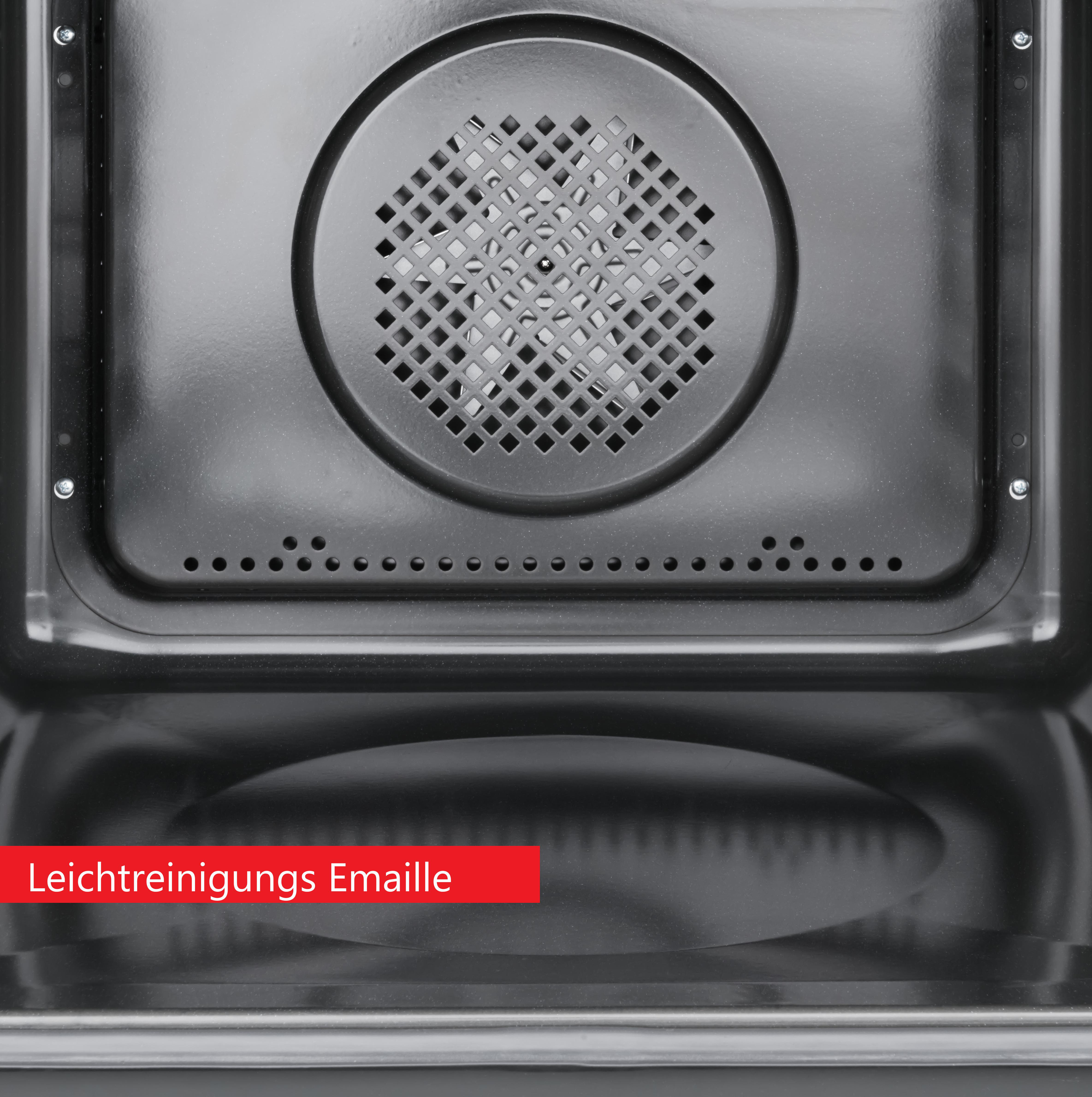 Innenraum eines Ofens mit Text: Leichtreinigungs Emaille.