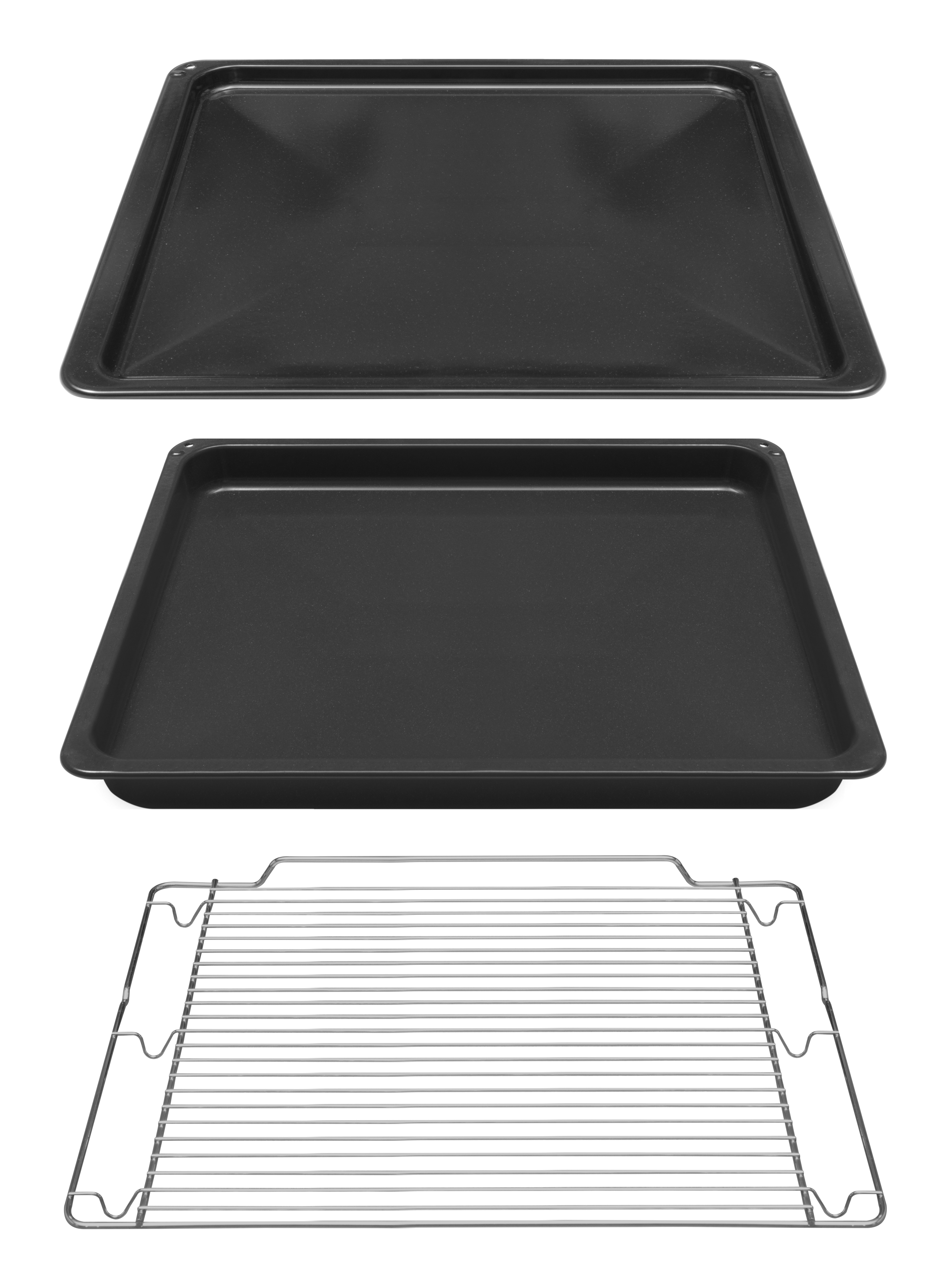Drei schwarze Backbleche und ein Metallrost zum Backen.