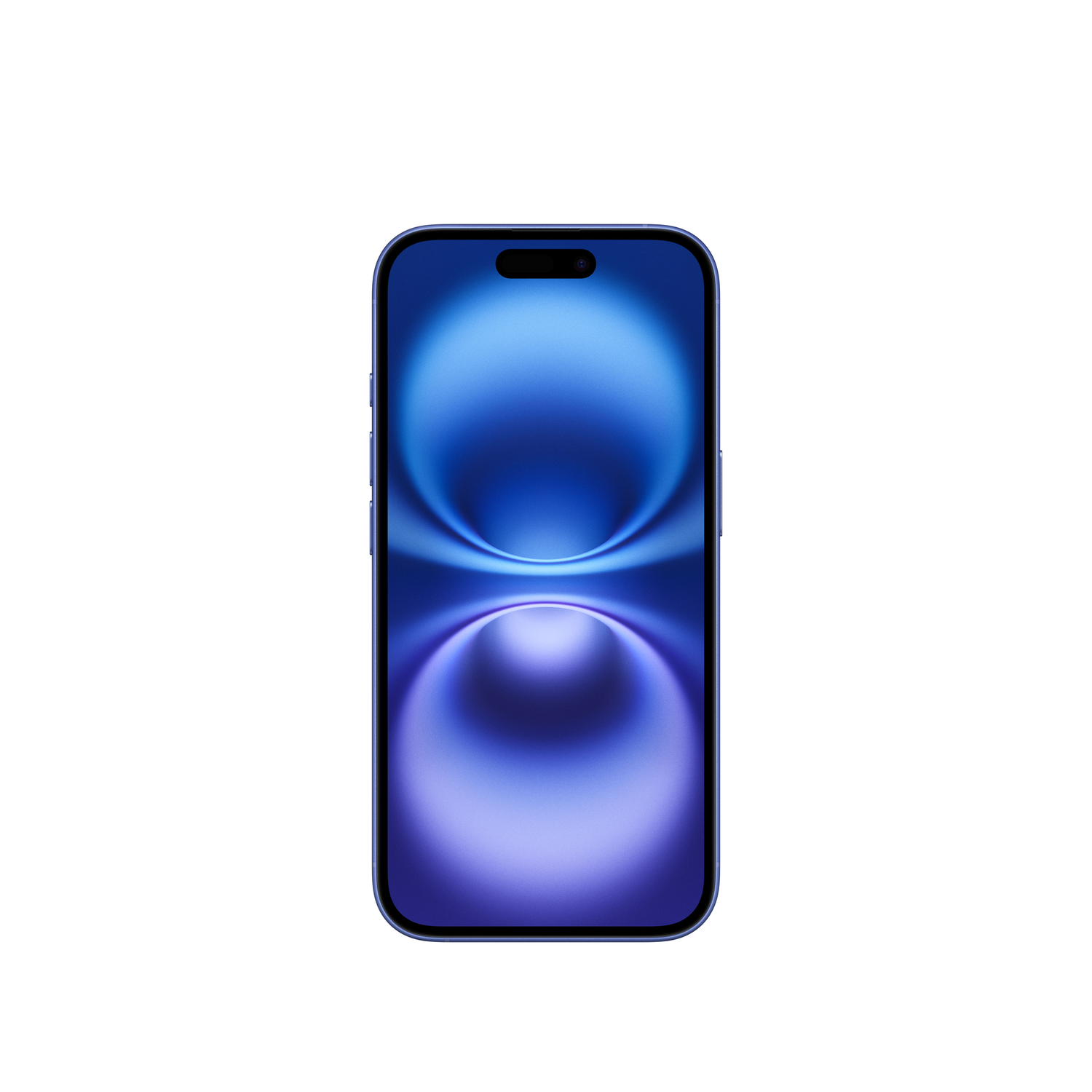 Een blauwe smartphone met een scherm dat een blauw-paarse gradient toont, op een witte achtergrond.