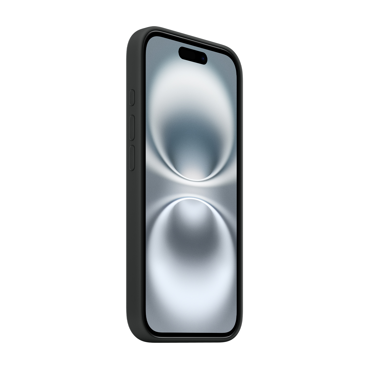 Telefono nero con custodia nera. Lo schermo mostra un design a spirale bianco e grigio.