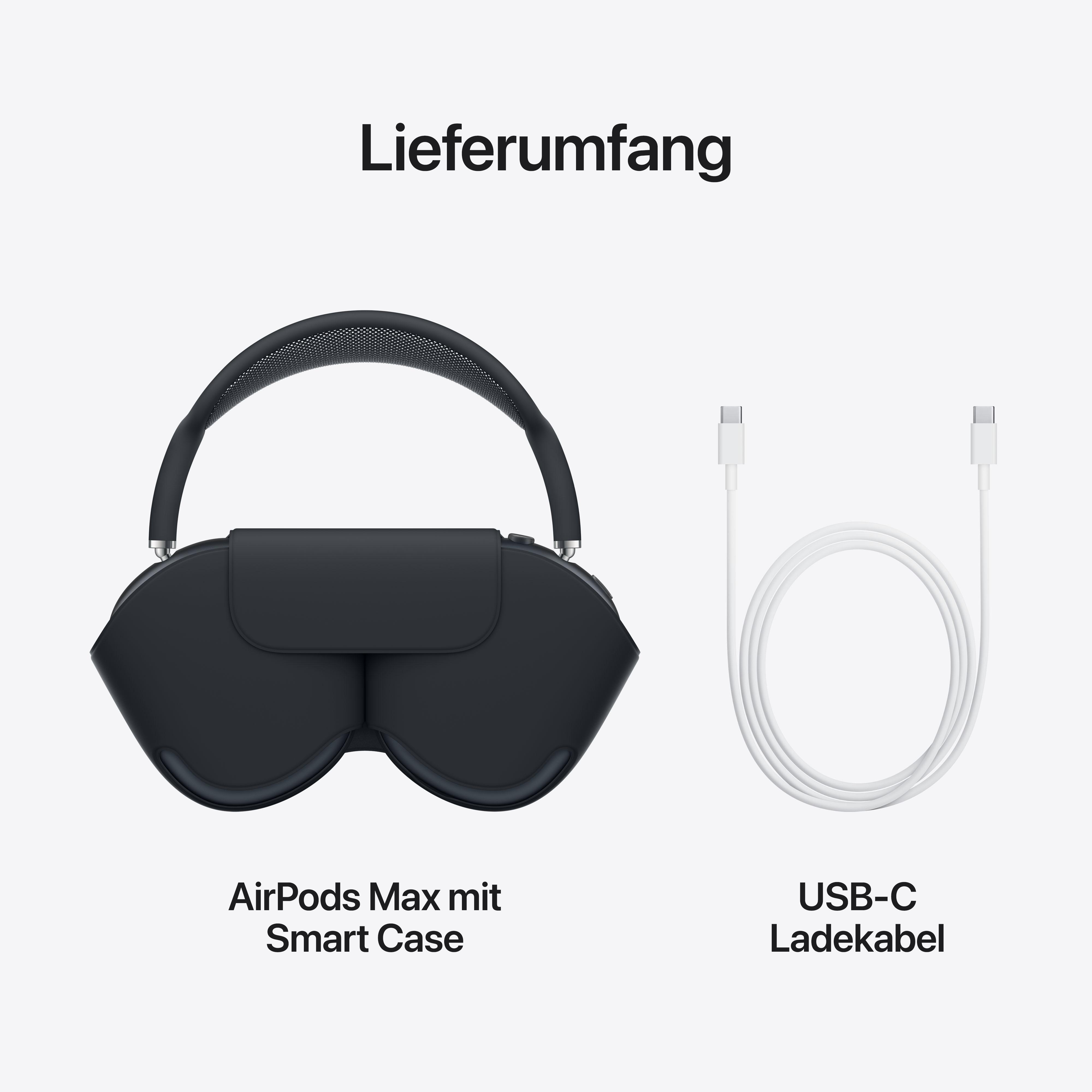 Schwarze AirPods Max Kopfhörer und ein weißes USB-C-Ladekabel mit Smart Case.