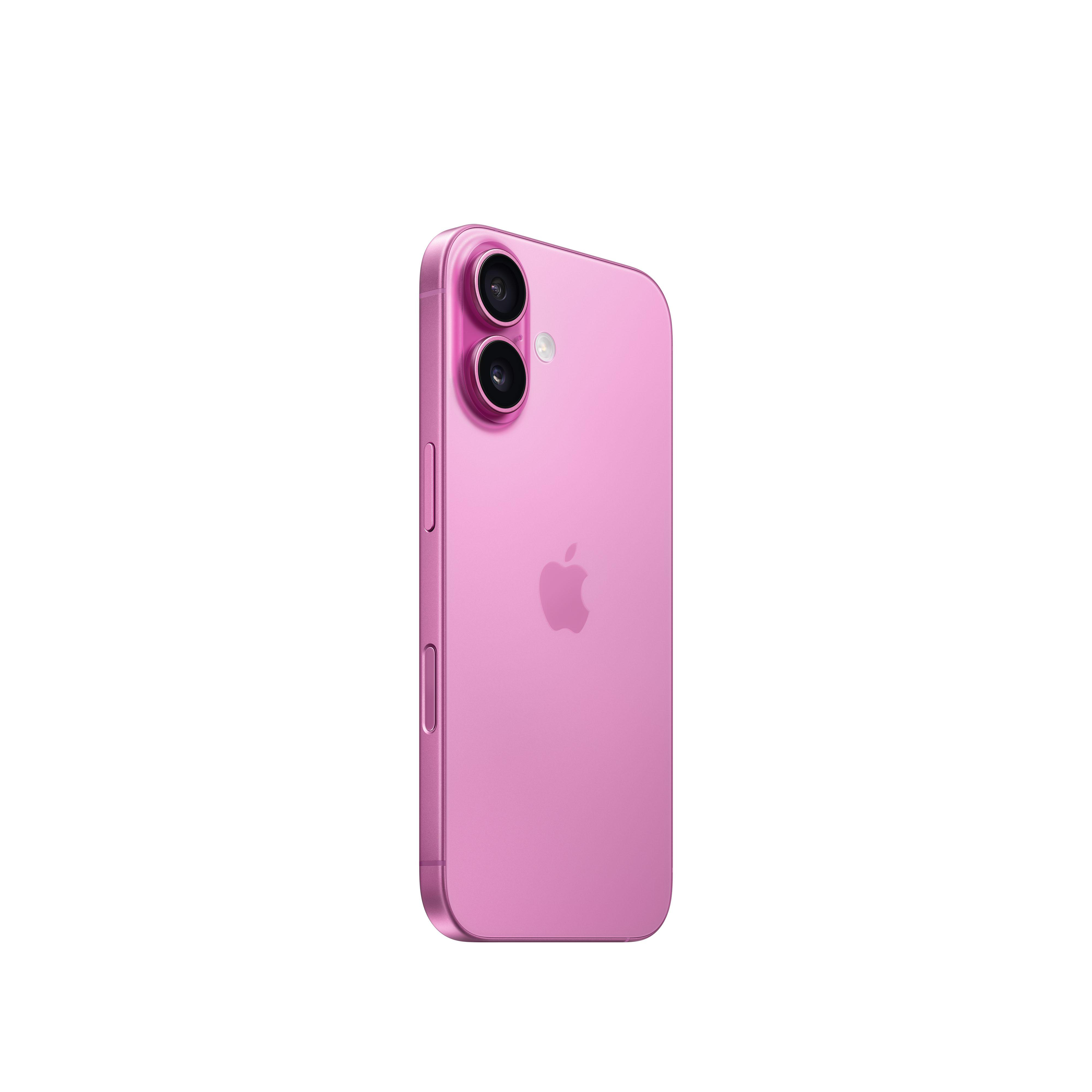Rückansicht eines pinkfarbenen iPhones mit Kameralinsen, Apple-Logo und Seitentasten. Weißer Hintergrund.