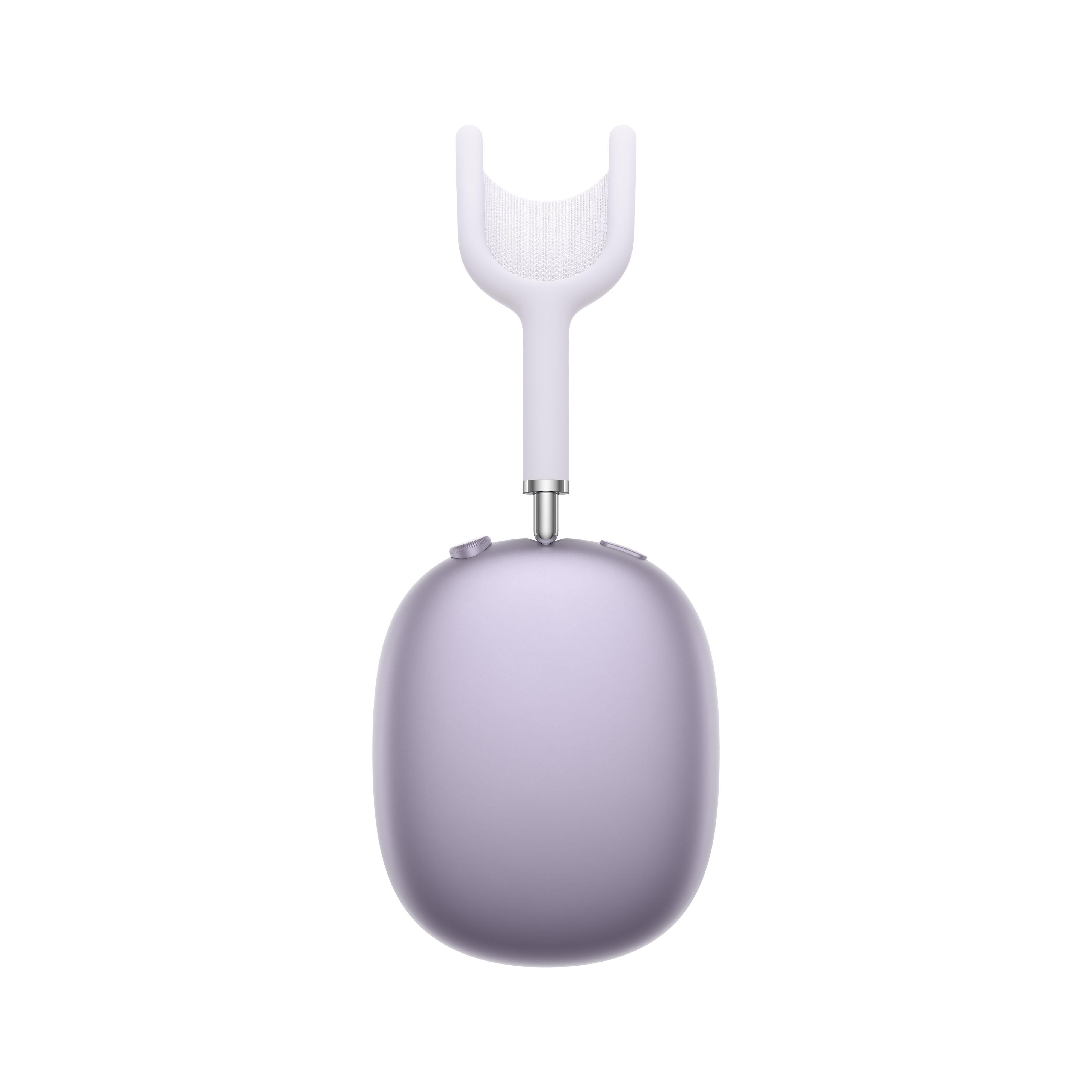 Ein lila AirPods Max Headset mit weißem Stirnband und Ohrmuscheln auf weißem Hintergrund.
