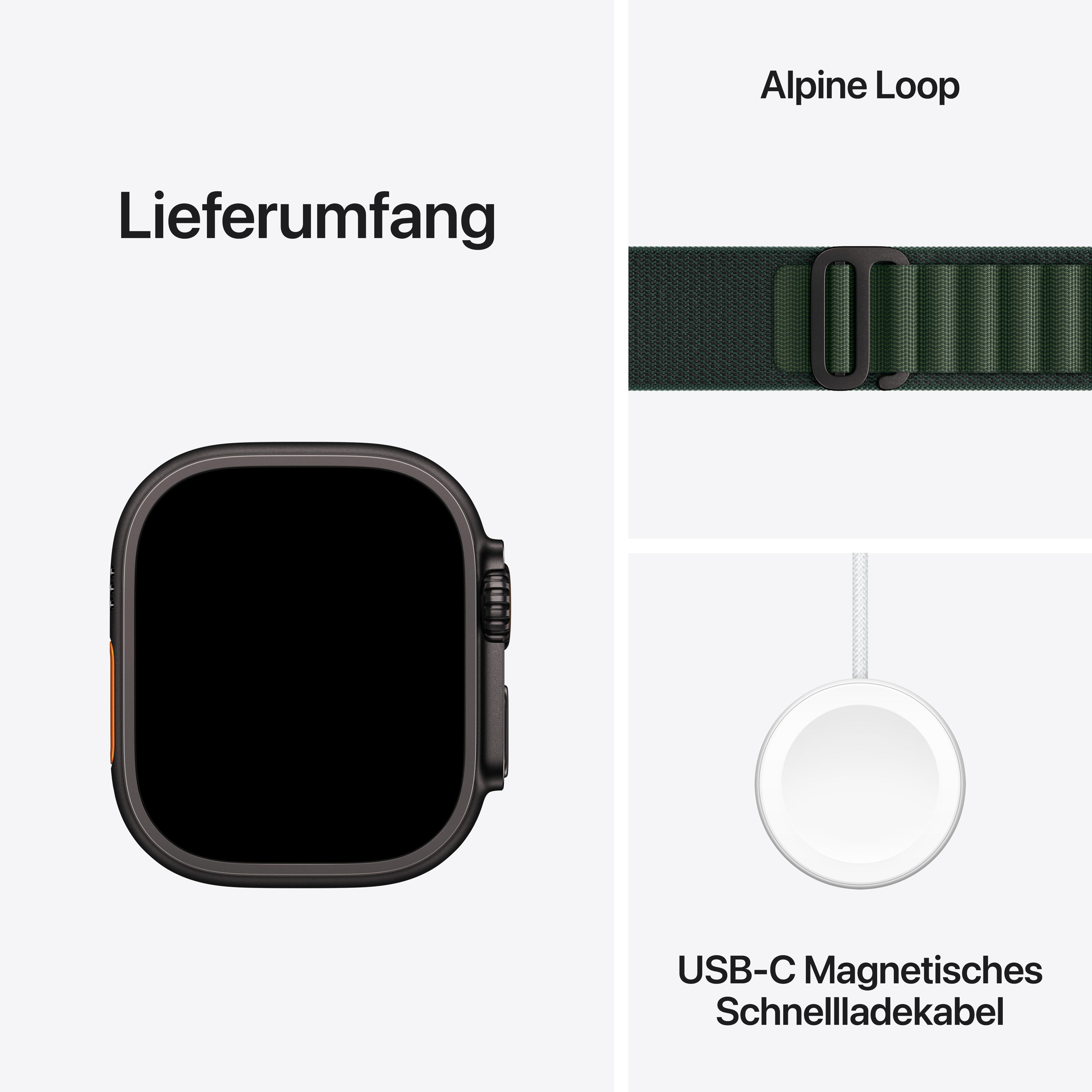 Apple Watch mit schwarzem Bildschirm, dunkelgrünem Band und weißem Ladegerät.