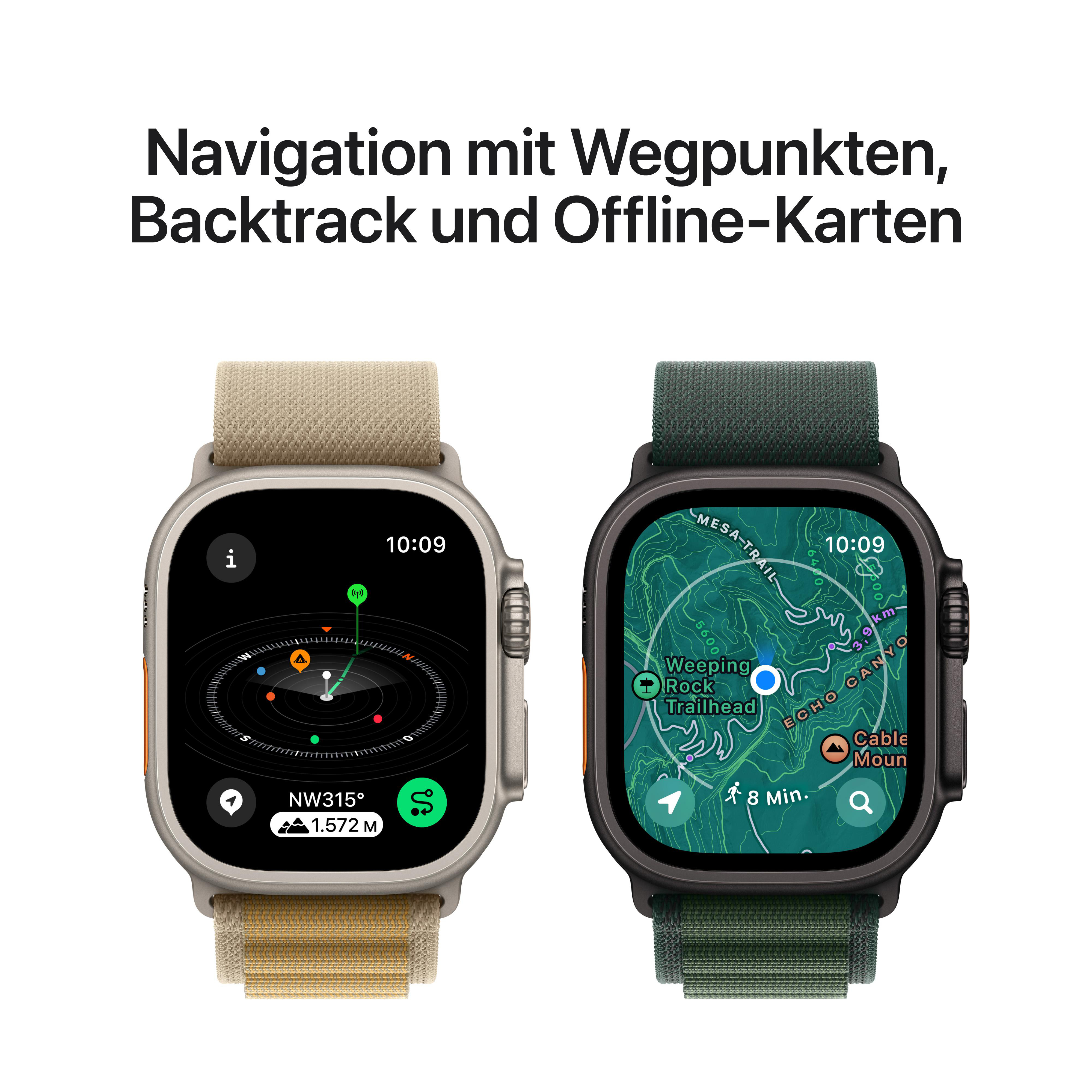 Zwei Smartwatches mit Navigation auf dem Bildschirm. Ein beiges Armband, ein grünes Armband. Text-Overlay.