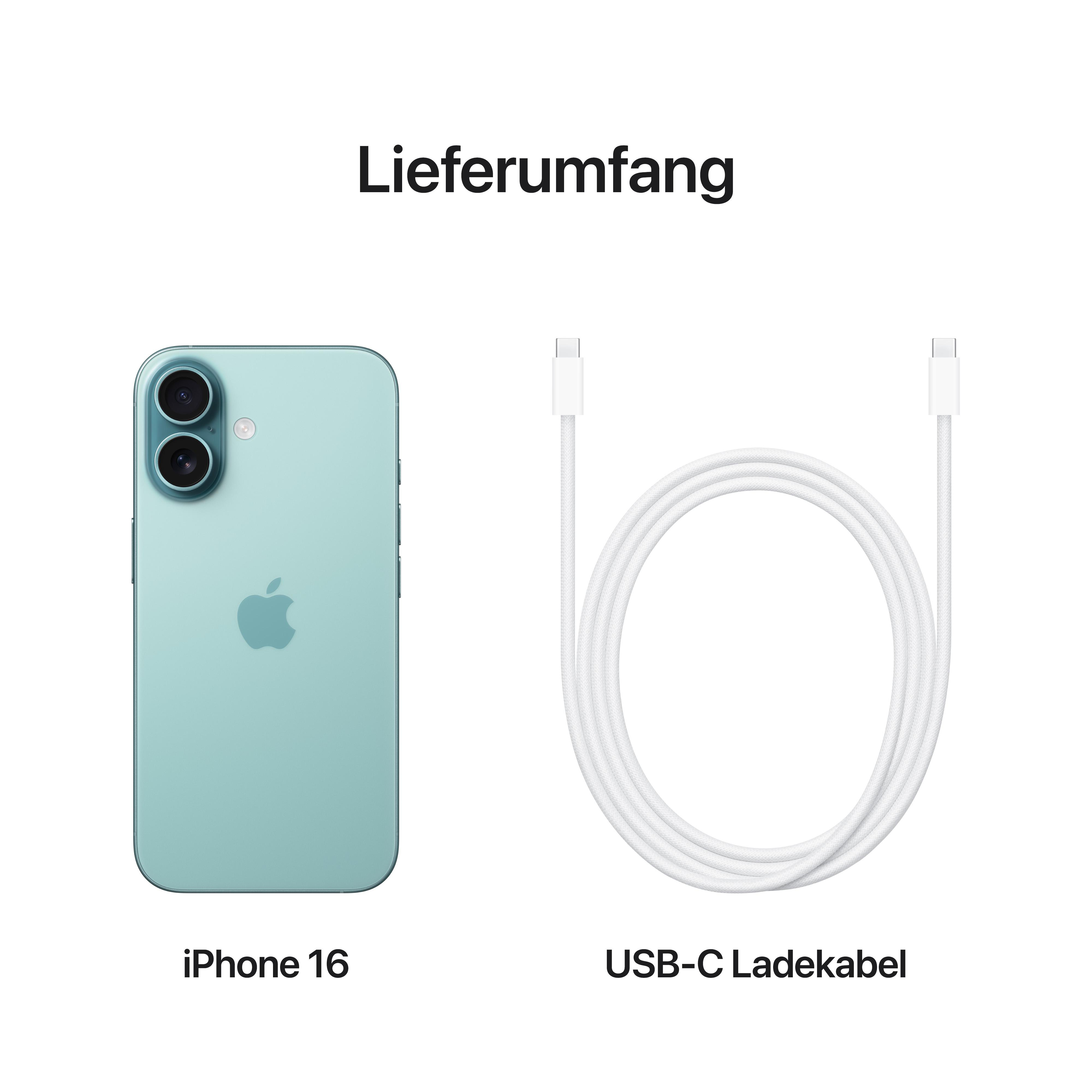 Ein iPhone 16 und ein USB-C-Ladekabel werden auf weißem Hintergrund angezeigt, Inhalt der Box.