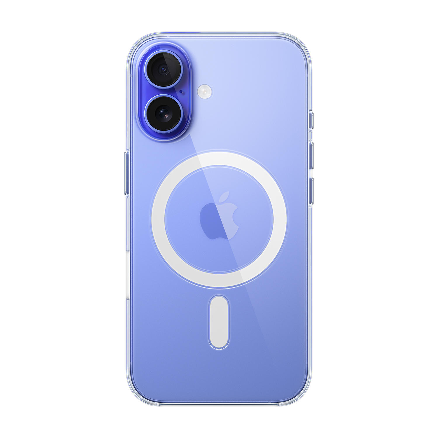 Custodia viola per iPhone con lenti nere e logo Apple.