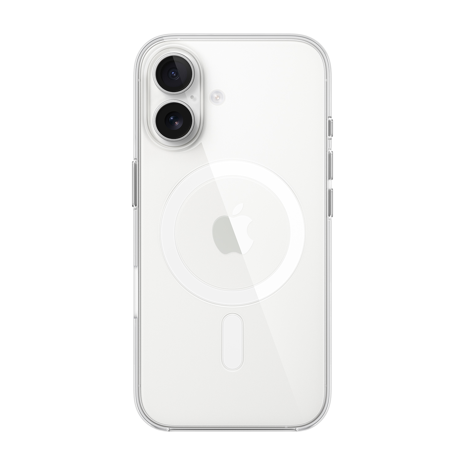 Custodia trasparente per iPhone con lenti nere e logo Apple.