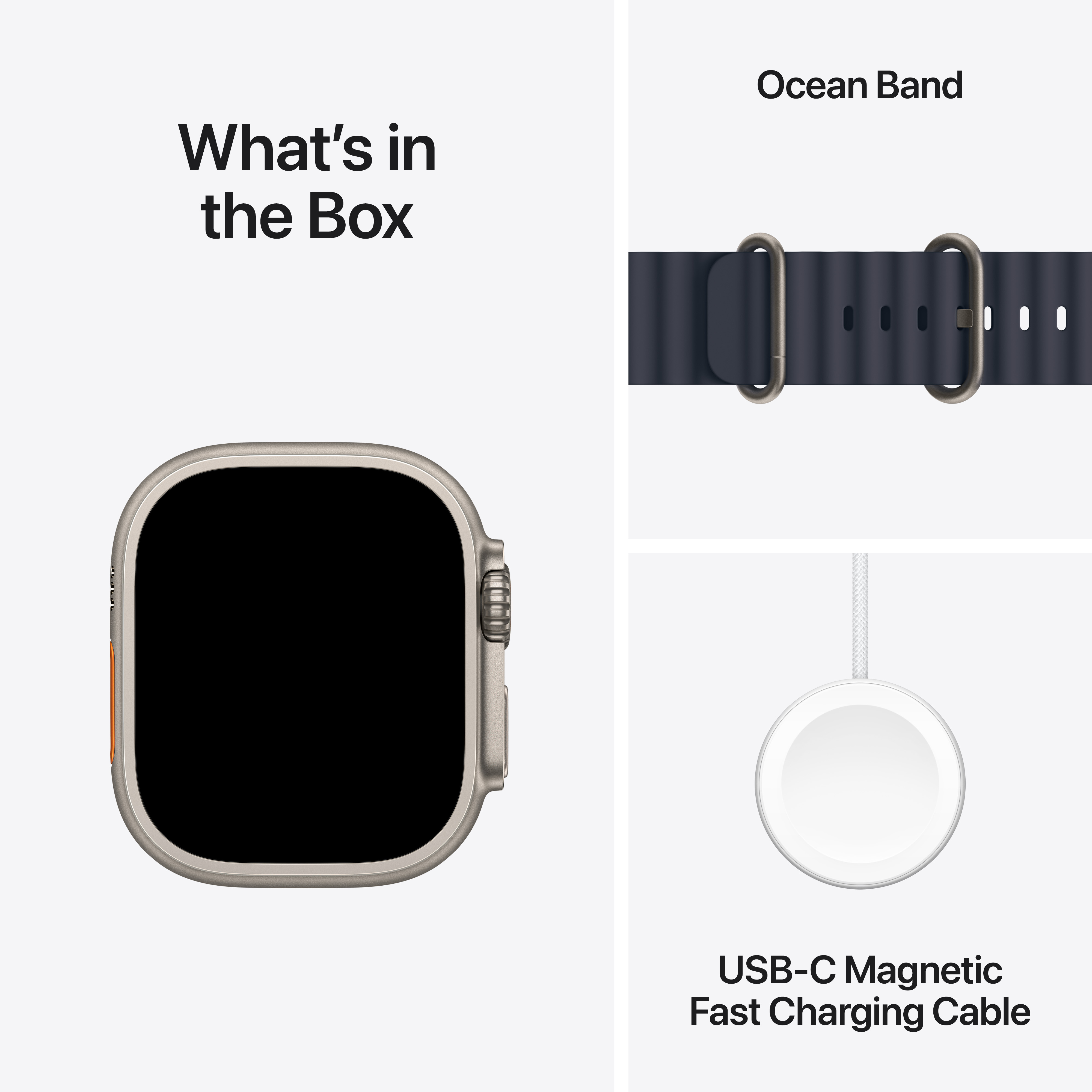 Apple Watch Inhalt: Uhr, Ocean Band und Ladegerät.