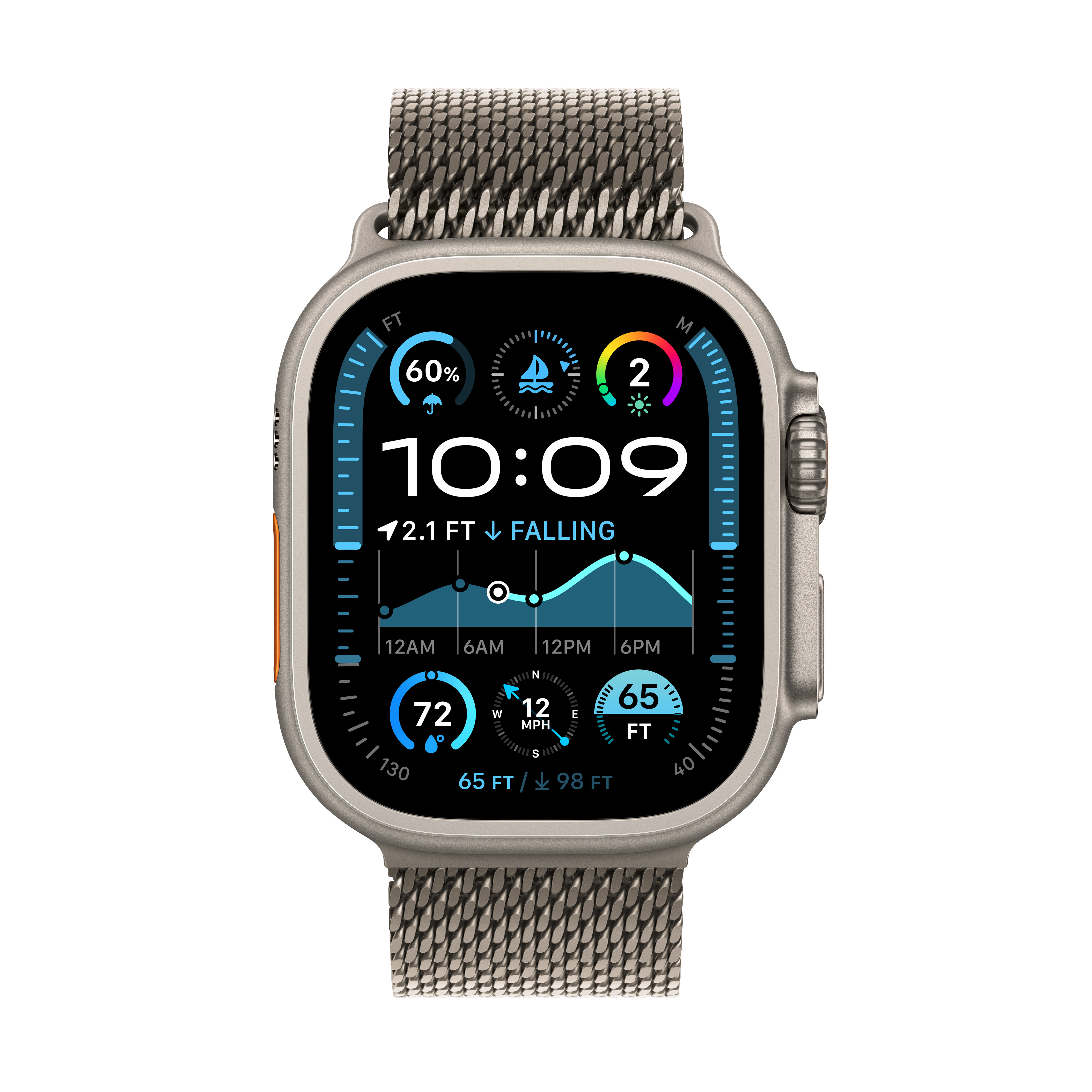Silberne Smartwatch mit Datendisplay. Das Armband ist silberfarbenes Mesh. Der Hintergrund ist weiß.