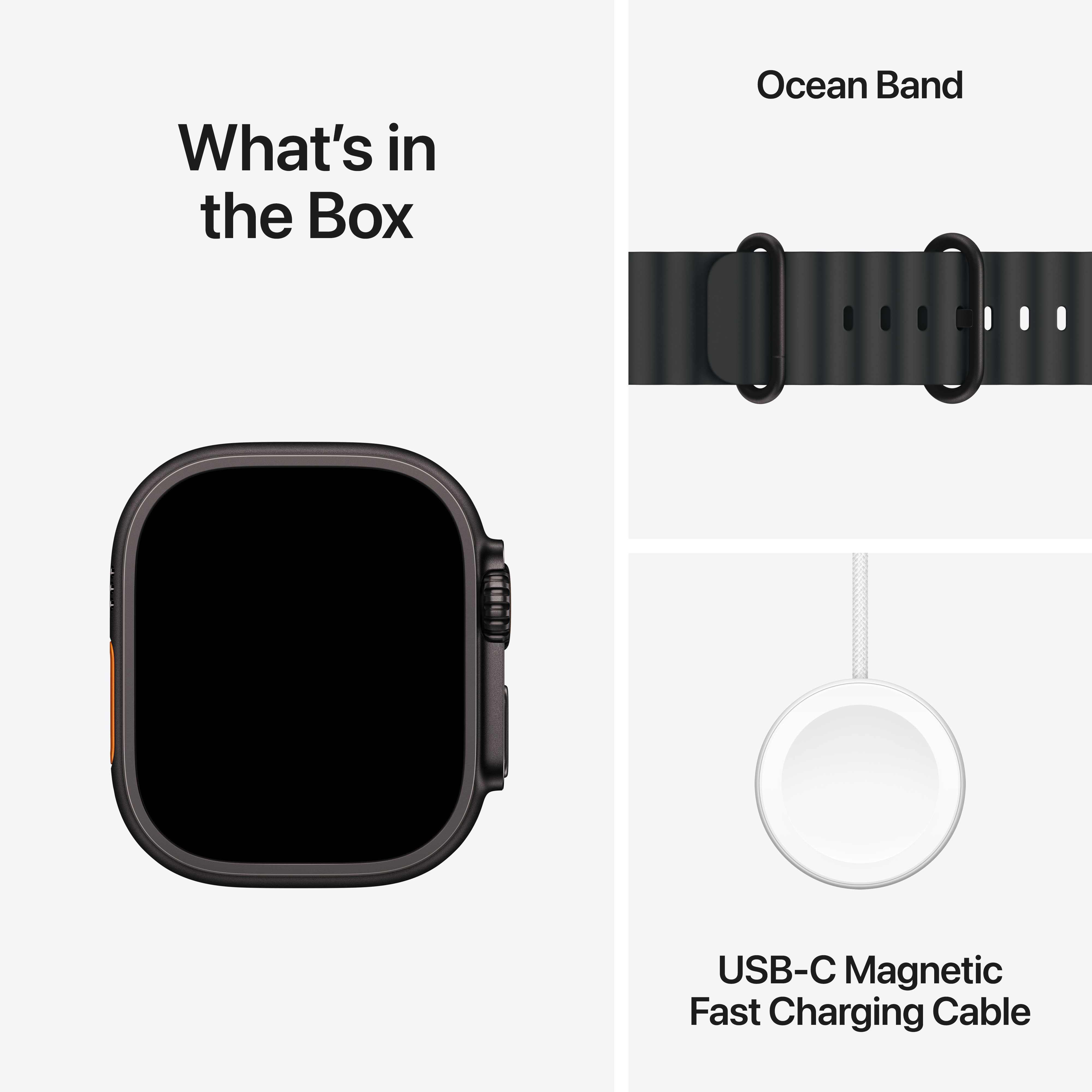 Apple Watch, Armband und Ladegerät in einer Box auf weißer Oberfläche, Draufsicht.