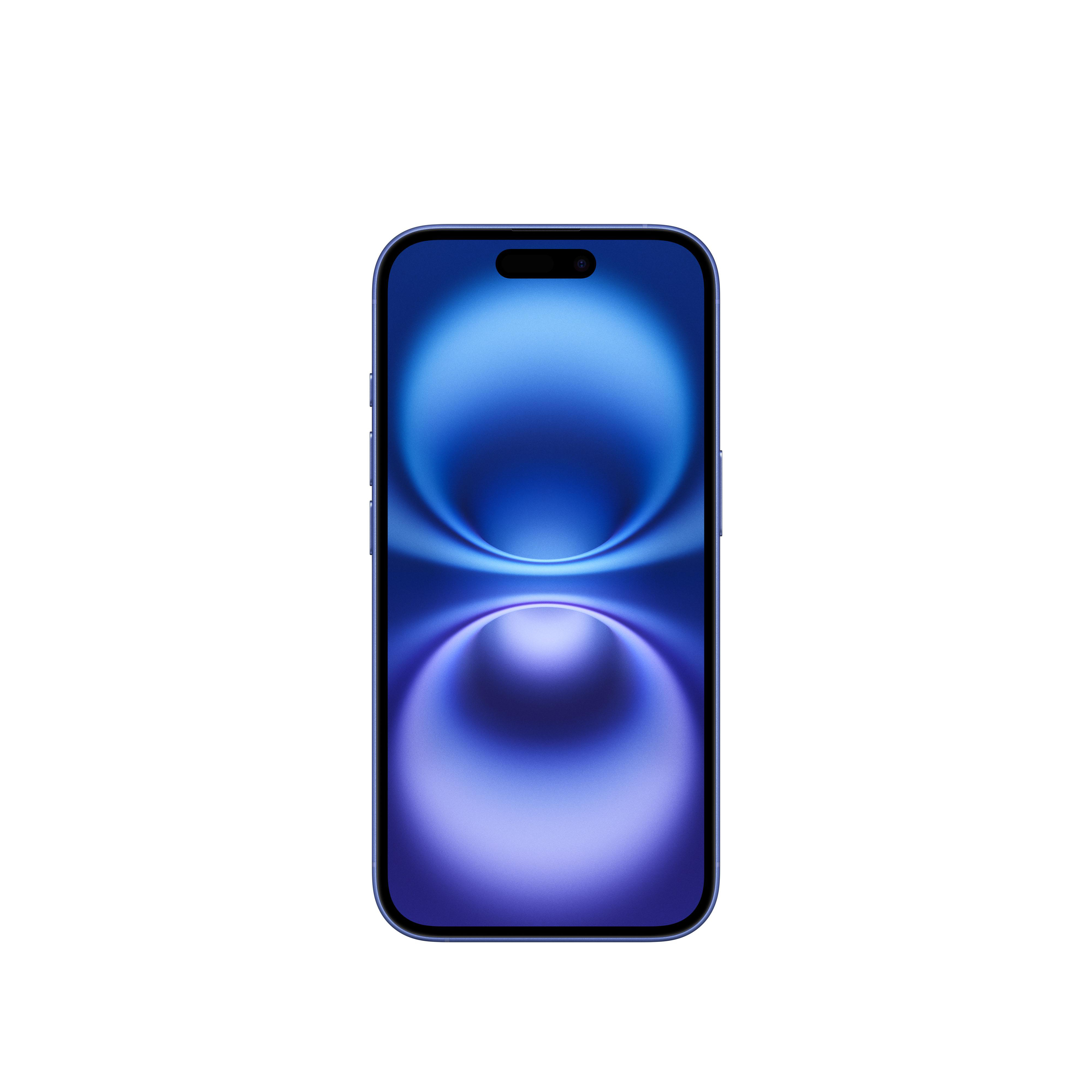 Blaues Telefon mit schwarzem Bildschirm, weißer Hintergrund. Zeigt einen blau-violetten Farbverlauf.