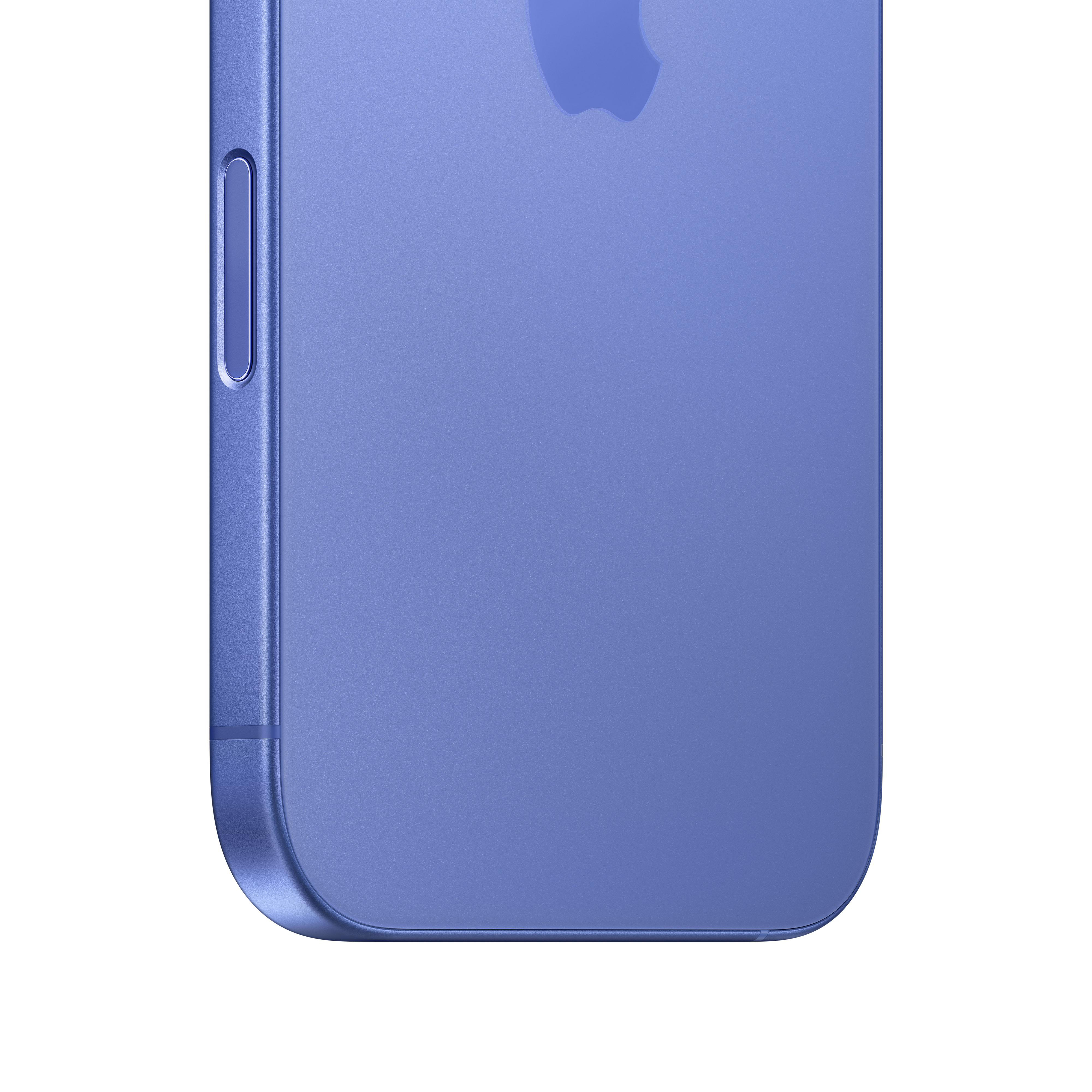 Nahaufnahme einer blauen iPhone-Ecke. Die Seitentaste und der untere Anschluss sind sichtbar.