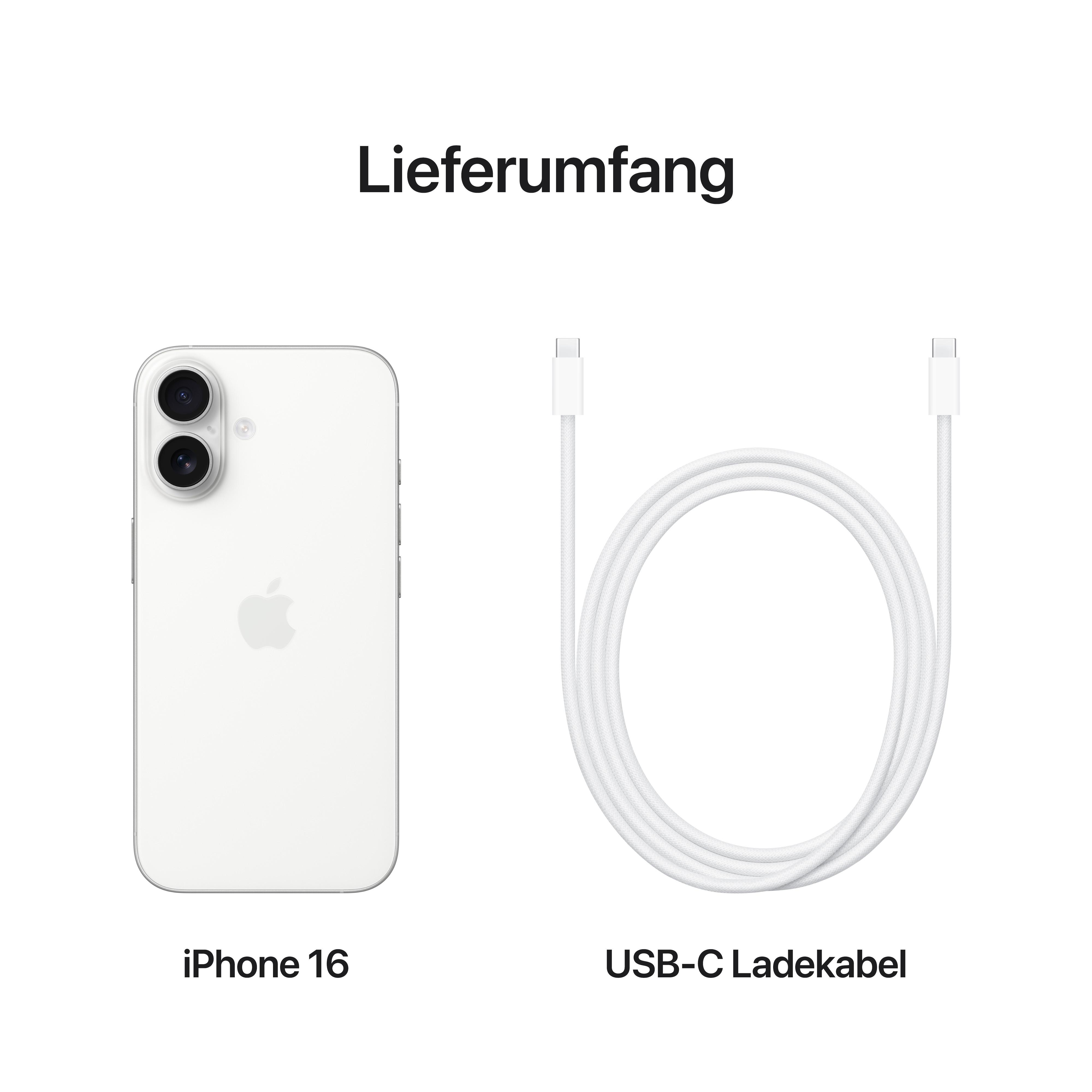 Weißes iPhone 16 und ein weißes USB-C-Ladekabel auf weißem Hintergrund.