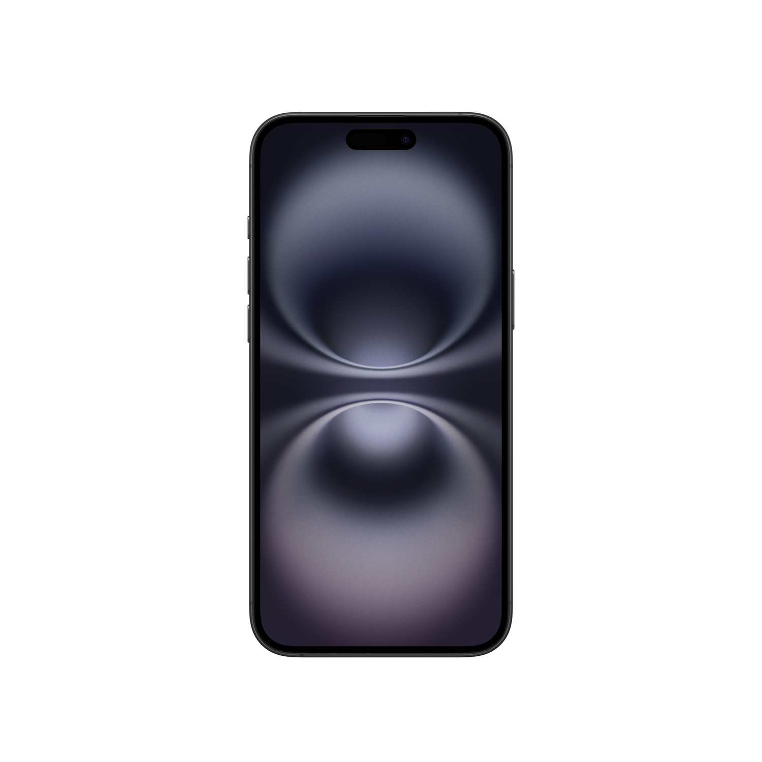 A black smartphone on a white background, screen lit showing a swirling gradient of dark blues and grays.