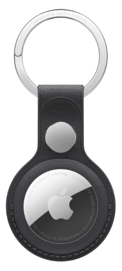 Czarny Apple AirTag ze skórzaną pętlą. AirTag ma srebrne logo Apple.
