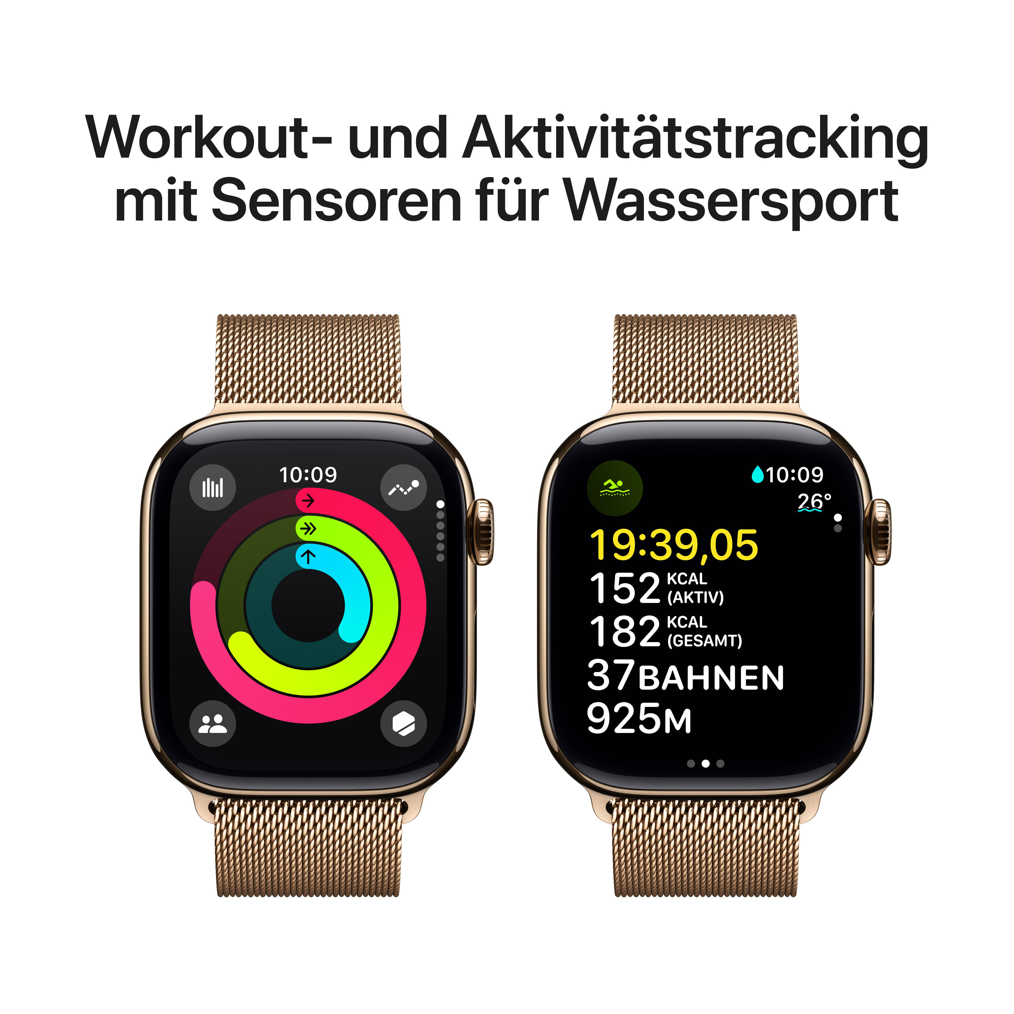 Zwei Smartwatches mit unterschiedlichen Bildschirmen. Einer zeigt Gezeiteninformationen, der andere ein Training.
