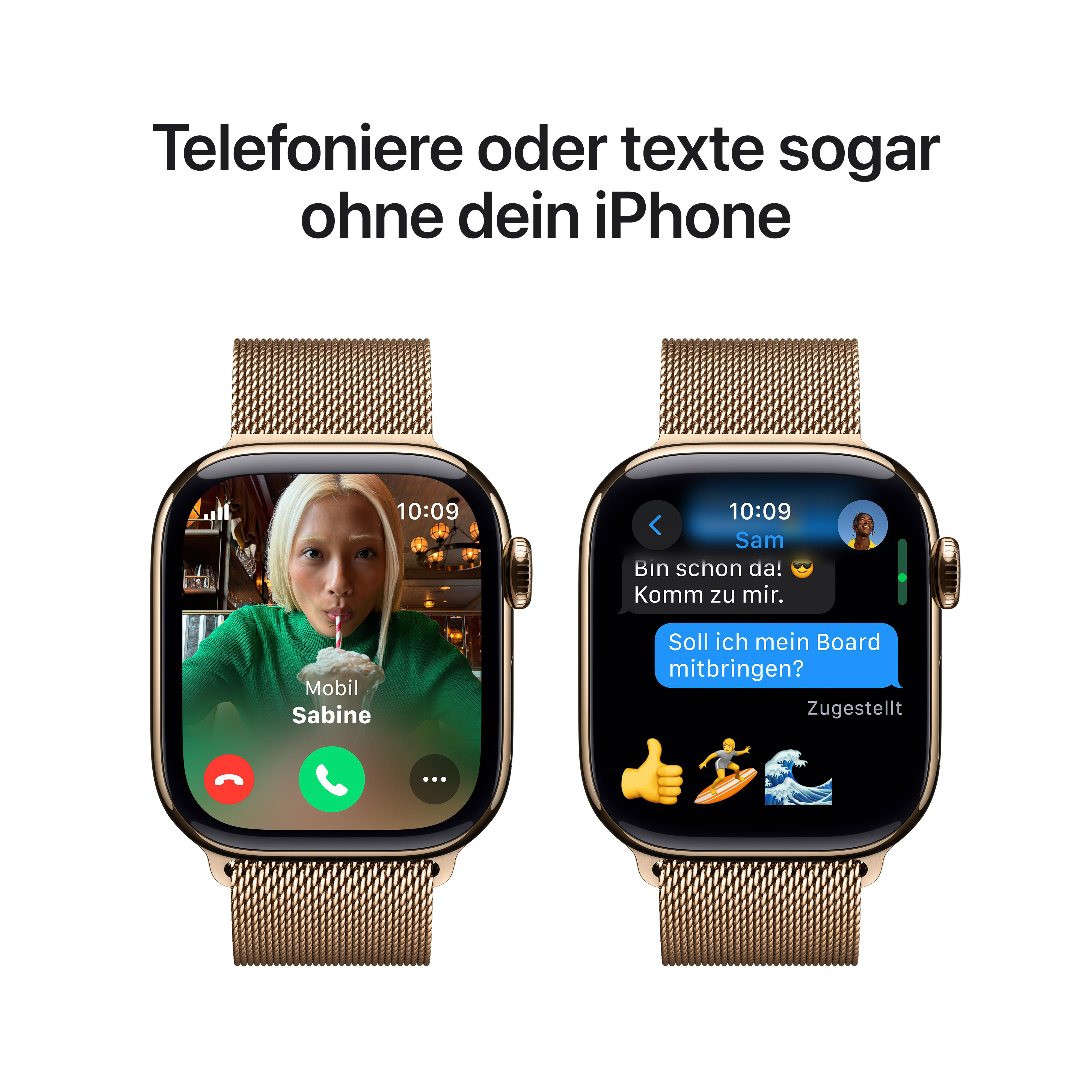 Apple Watch zeigt Videoanruf- und SMS-Oberfläche.