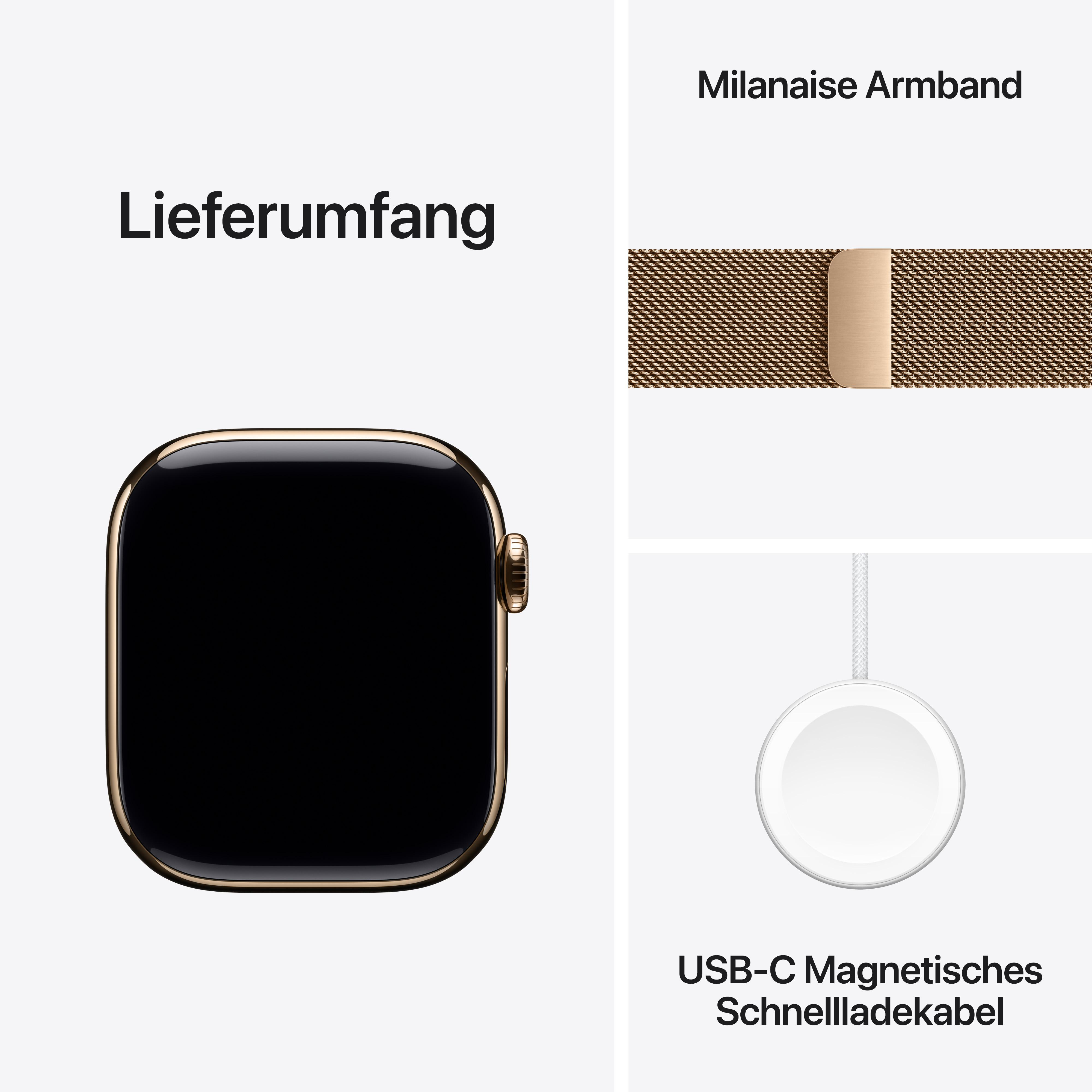 Apple Watch mit goldenem Gehäuse, schwarzem Bildschirm und goldenem Mailänder Armband. USB-C-Ladegerät unten. Text: 'Lieferumfang'.