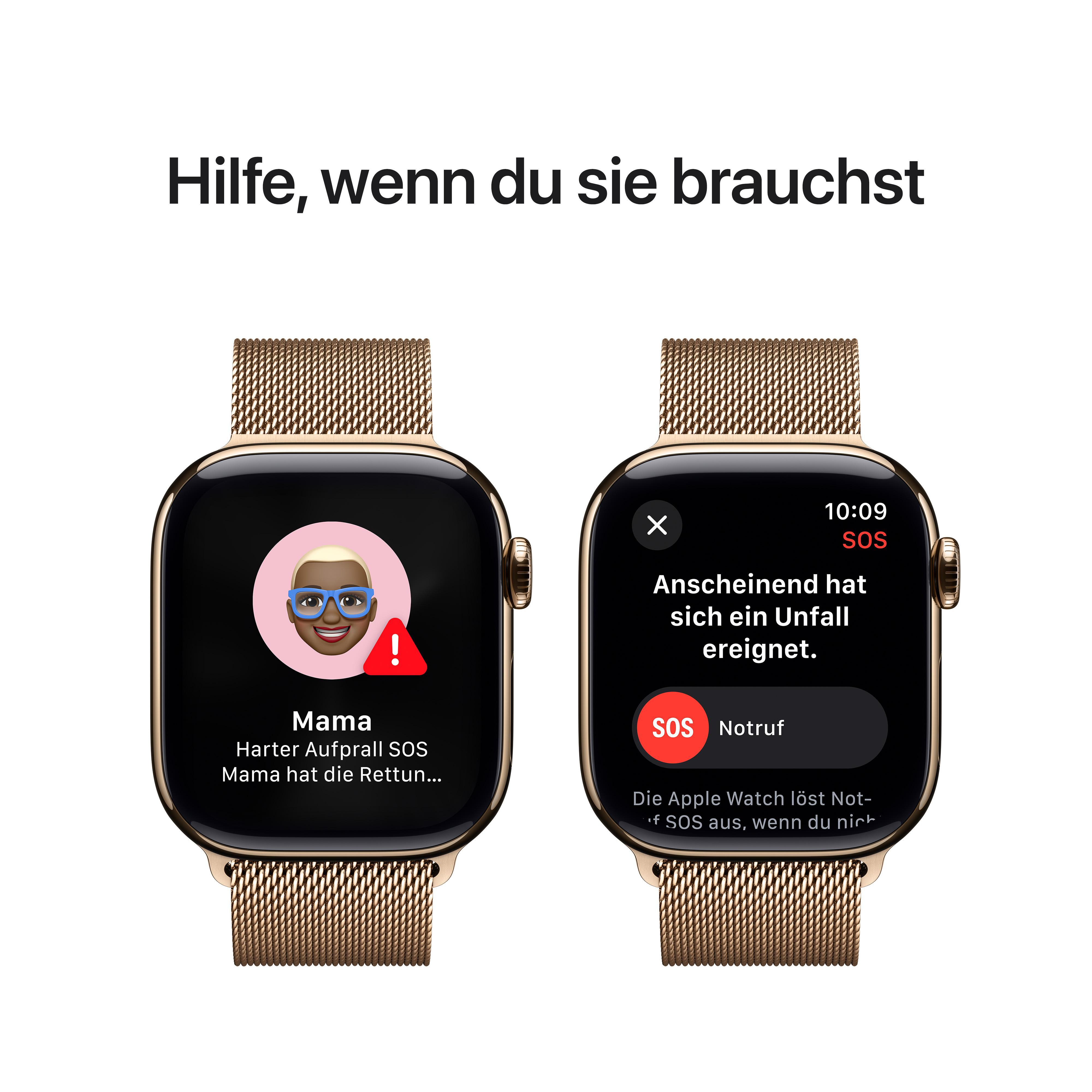 Zwei Smartwatches. Eine zeigt einen Anruf von "Mama" und die andere einen Notrufbildschirm. Text: "Hilfe, wenn du sie brauchst".