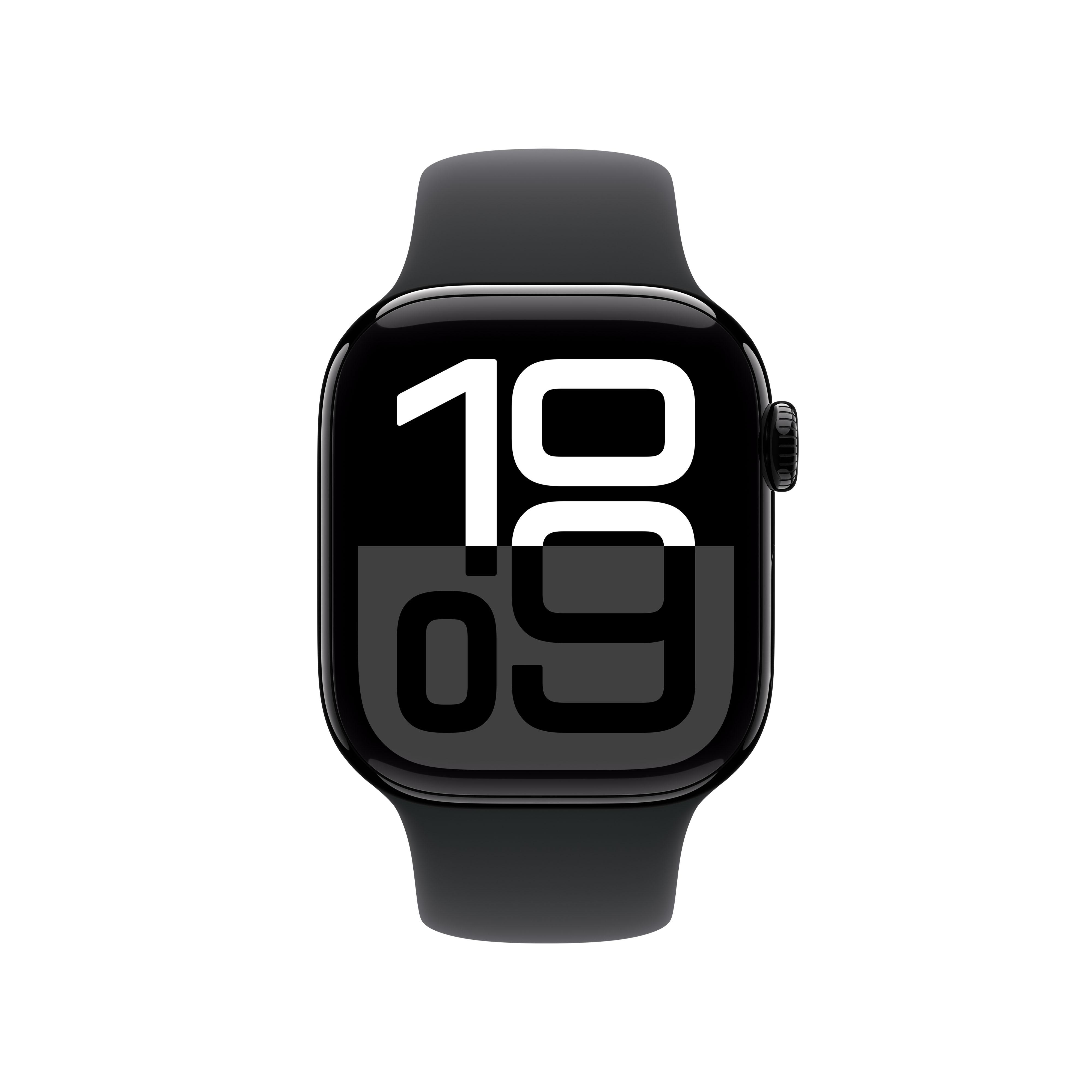 Eine schwarze Apple Watch mit schwarzem Armband zeigt die Uhrzeit '19:09'.