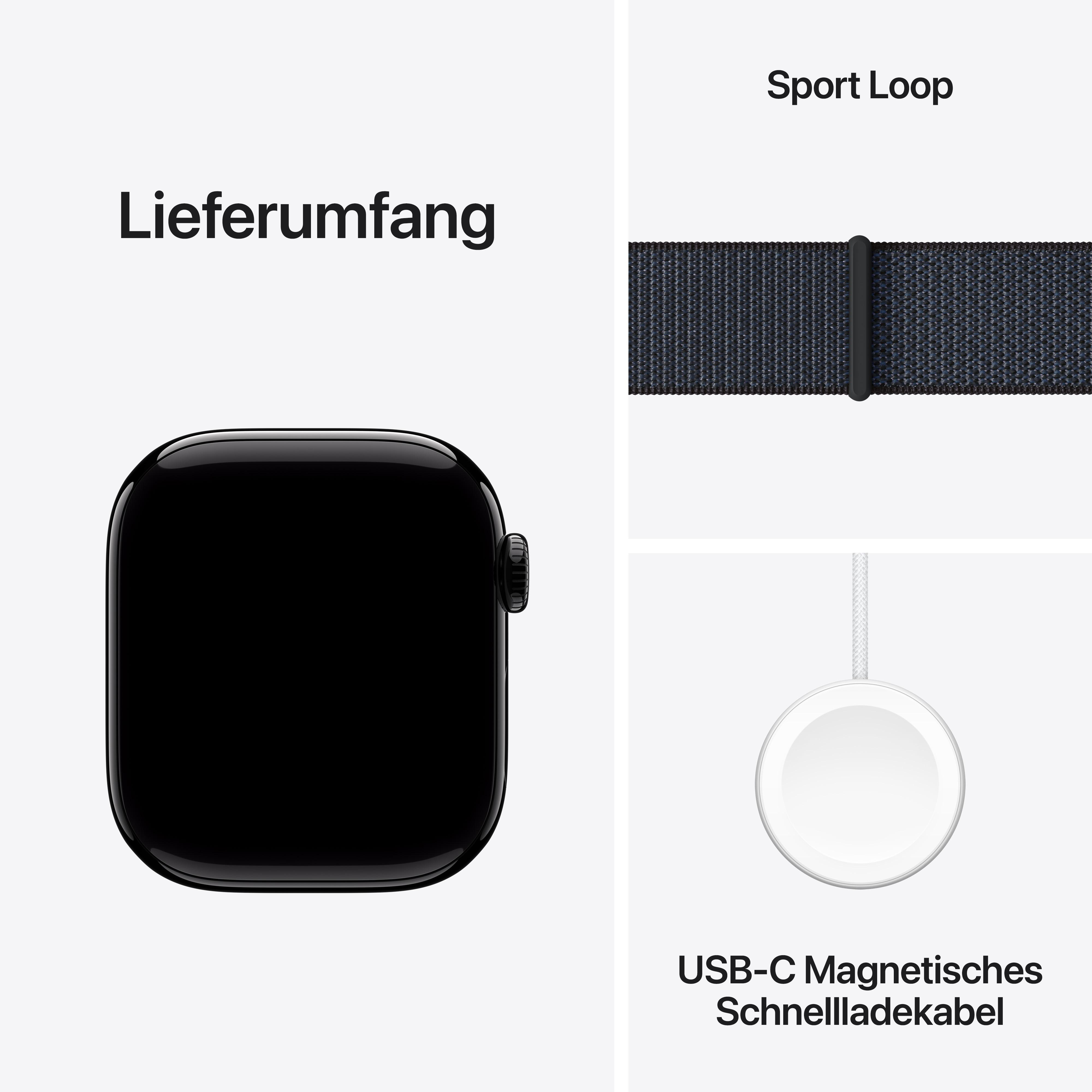 Apple Watch mit schwarzem Gehäuse, Sport Loop Armband und Ladekabel-Komponenten auf Weiß.