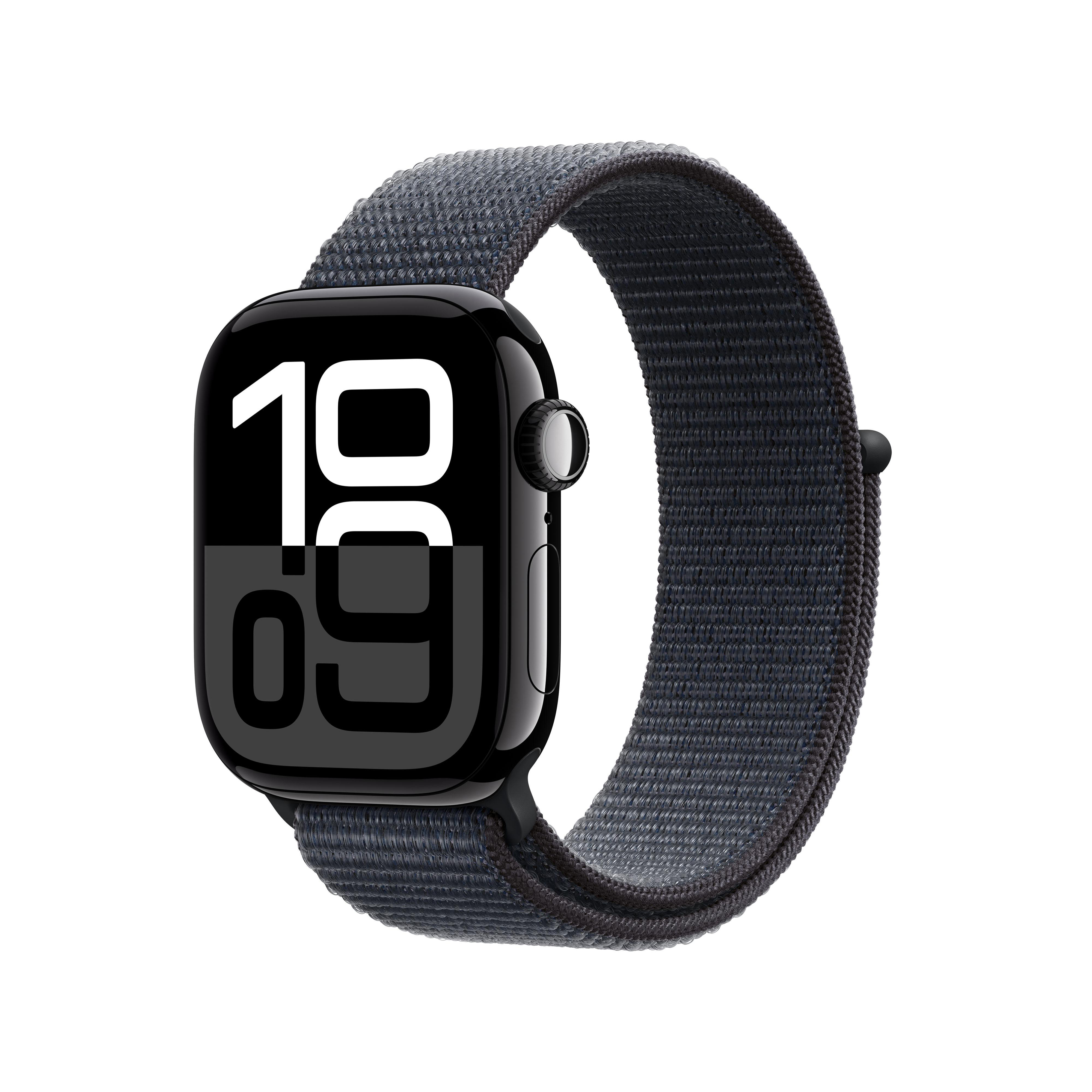 Schwarze Apple Watch mit schwarzem Armband. Das Zifferblatt zeigt Uhrzeit und Datum.