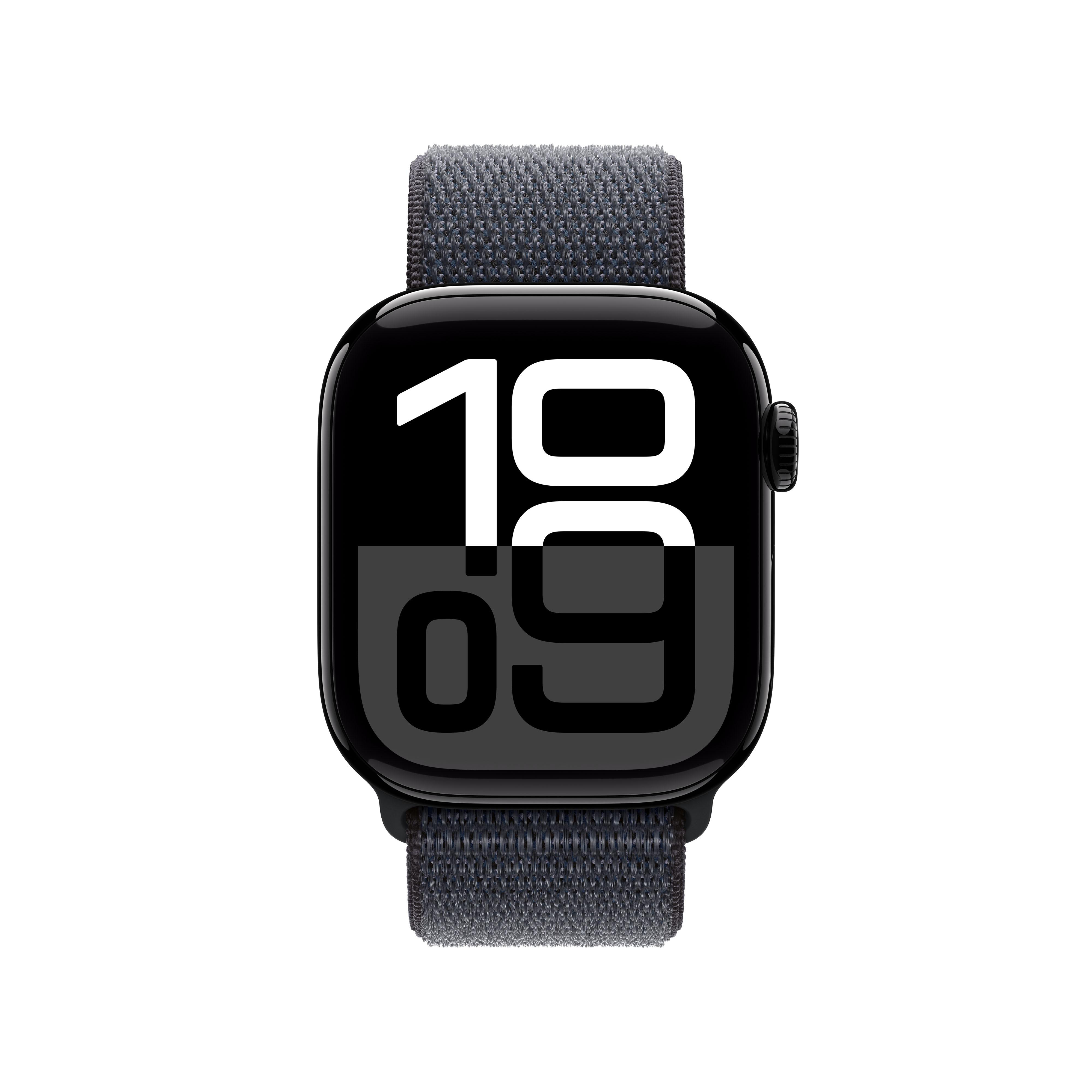 Eine schwarze Smartwatch mit schwarzem Bildschirm, der die Uhrzeit 19:09 anzeigt.