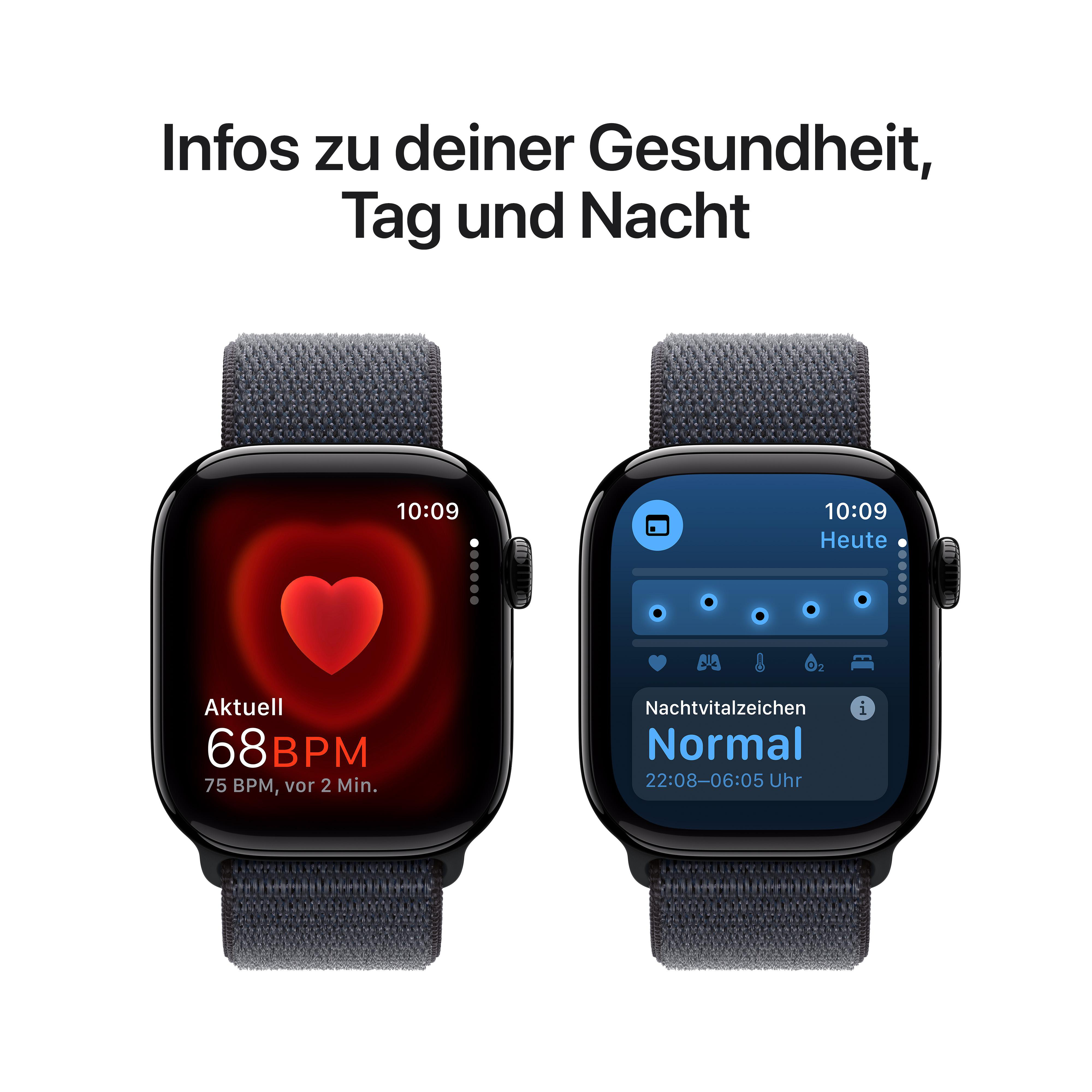 Zwei Apple Watches, die Gesundheitsdaten anzeigen. Eine zeigt Herzfrequenz, die andere Schlafmuster.