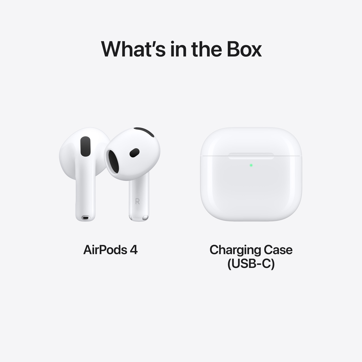 AirPods 4 and charging case on a white background.