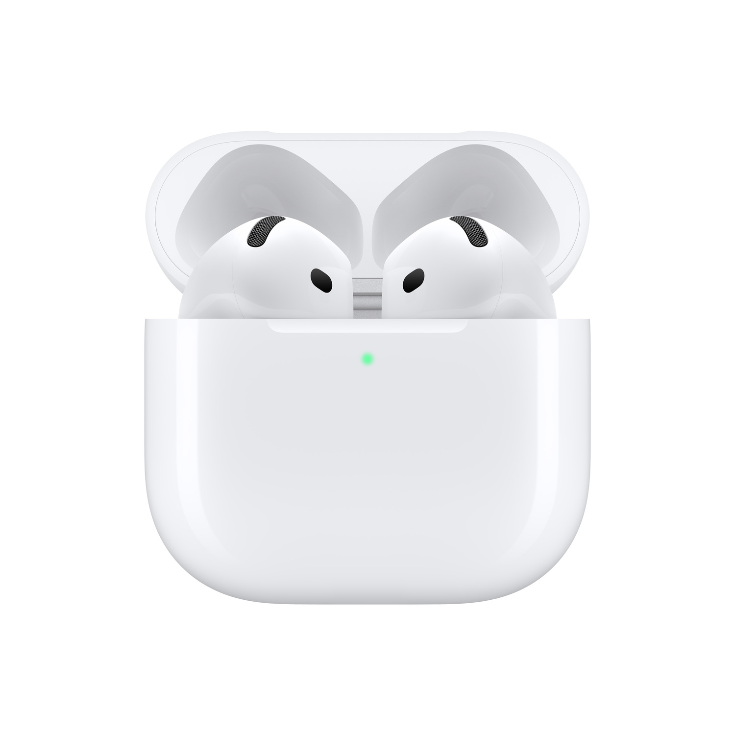 Witte AirPods Pro-case open, met twee AirPods erin. Groen licht zichtbaar.
