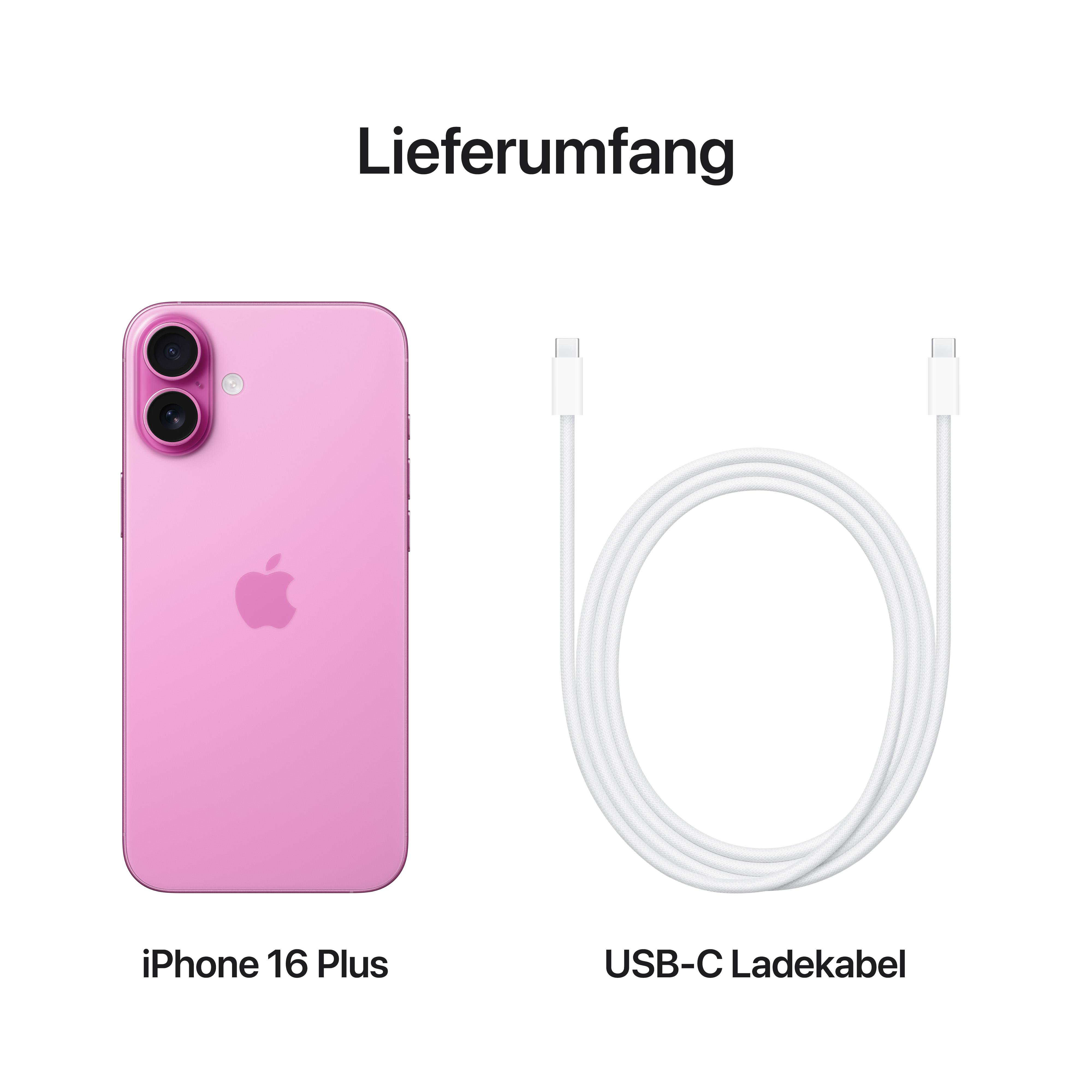 Ein iPhone 16 Plus und ein USB-C-Ladekabel auf weißem Hintergrund.