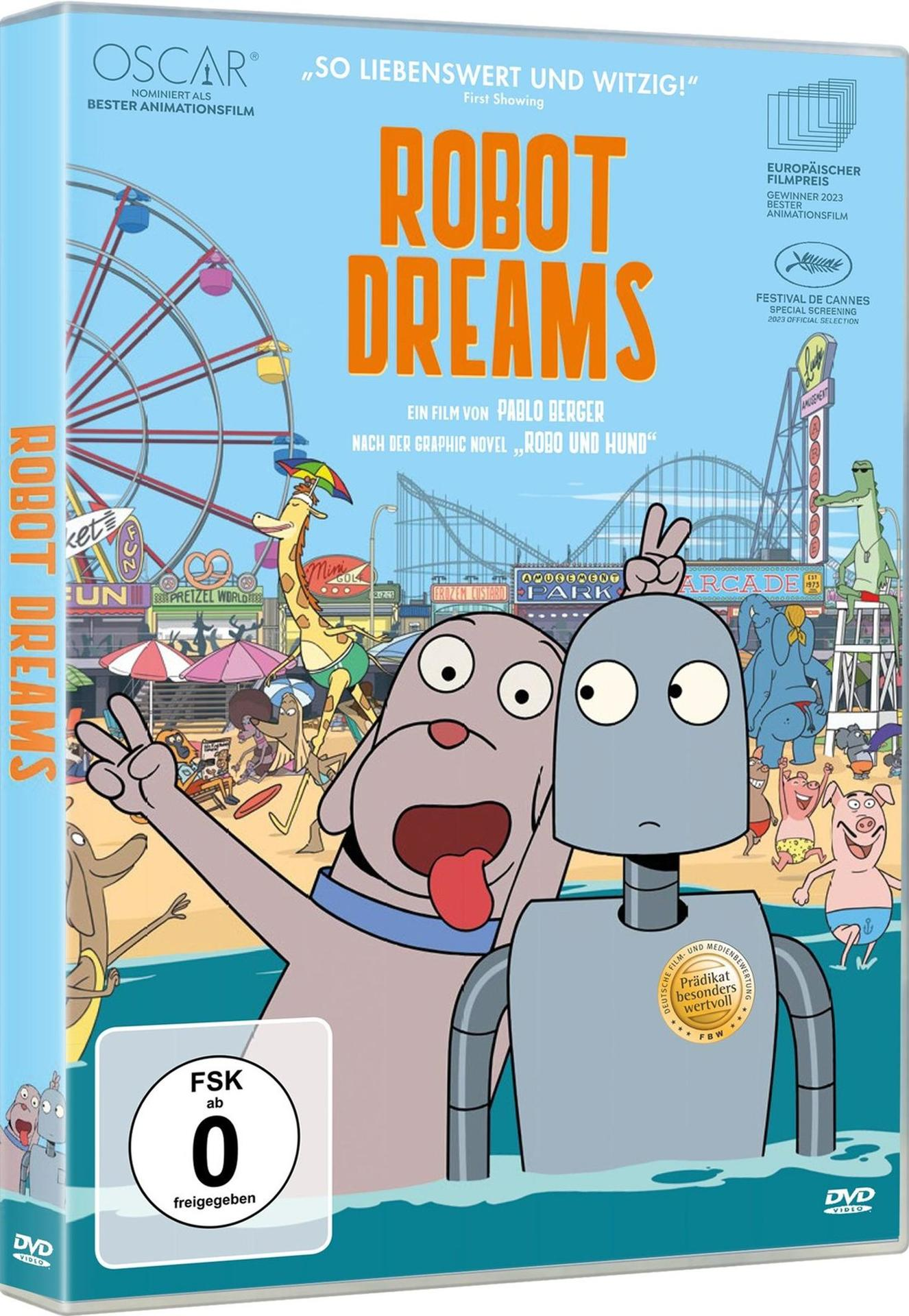 Robot Dreams DVD-Cover: Cartoon-Hund und Roboter mit Vergnügungspark.
