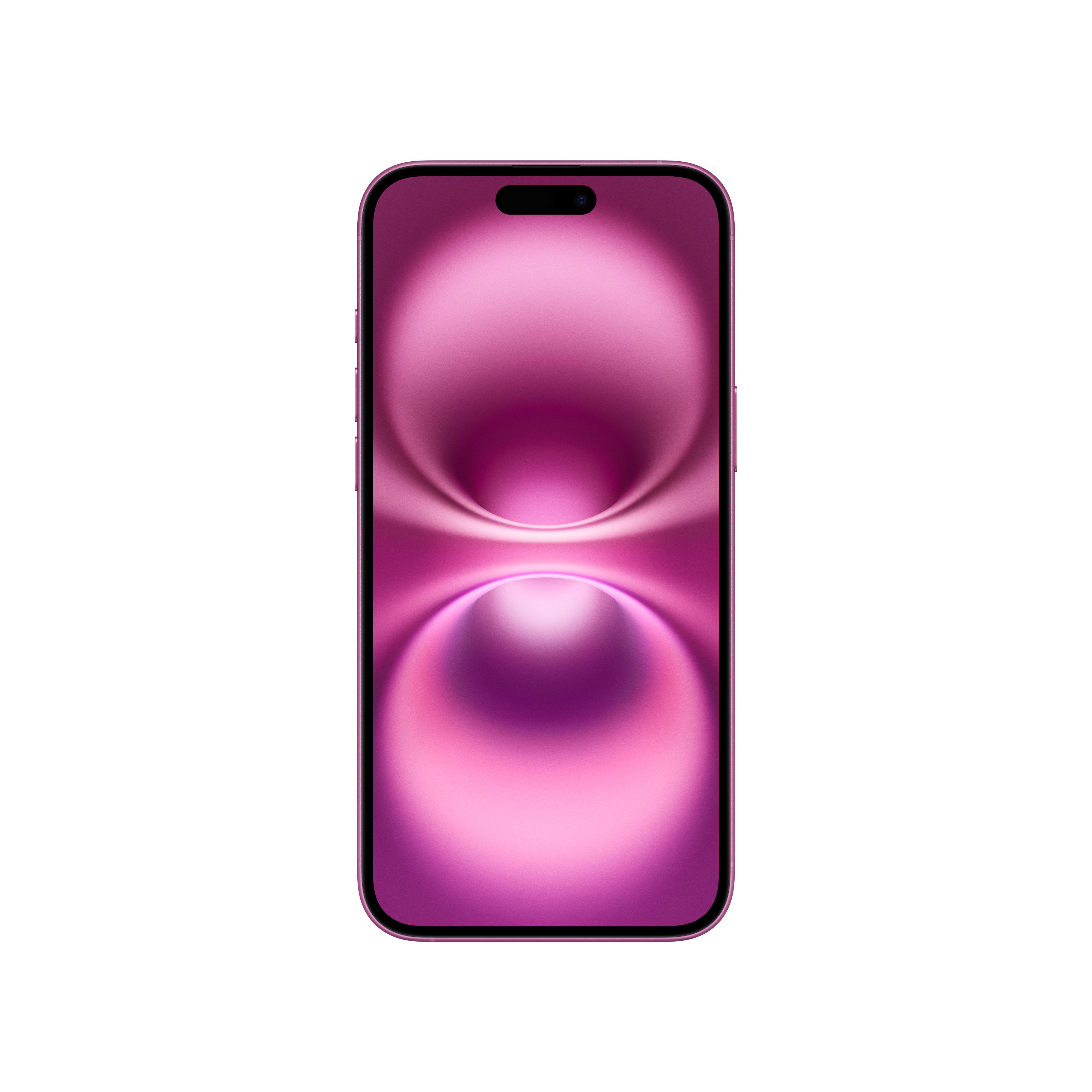 Ein pinkfarbenes iPhone mit Dynamic Island-Bildschirm, das einen pinkfarbenen und lilafarbenen Farbverlauf zeigt.