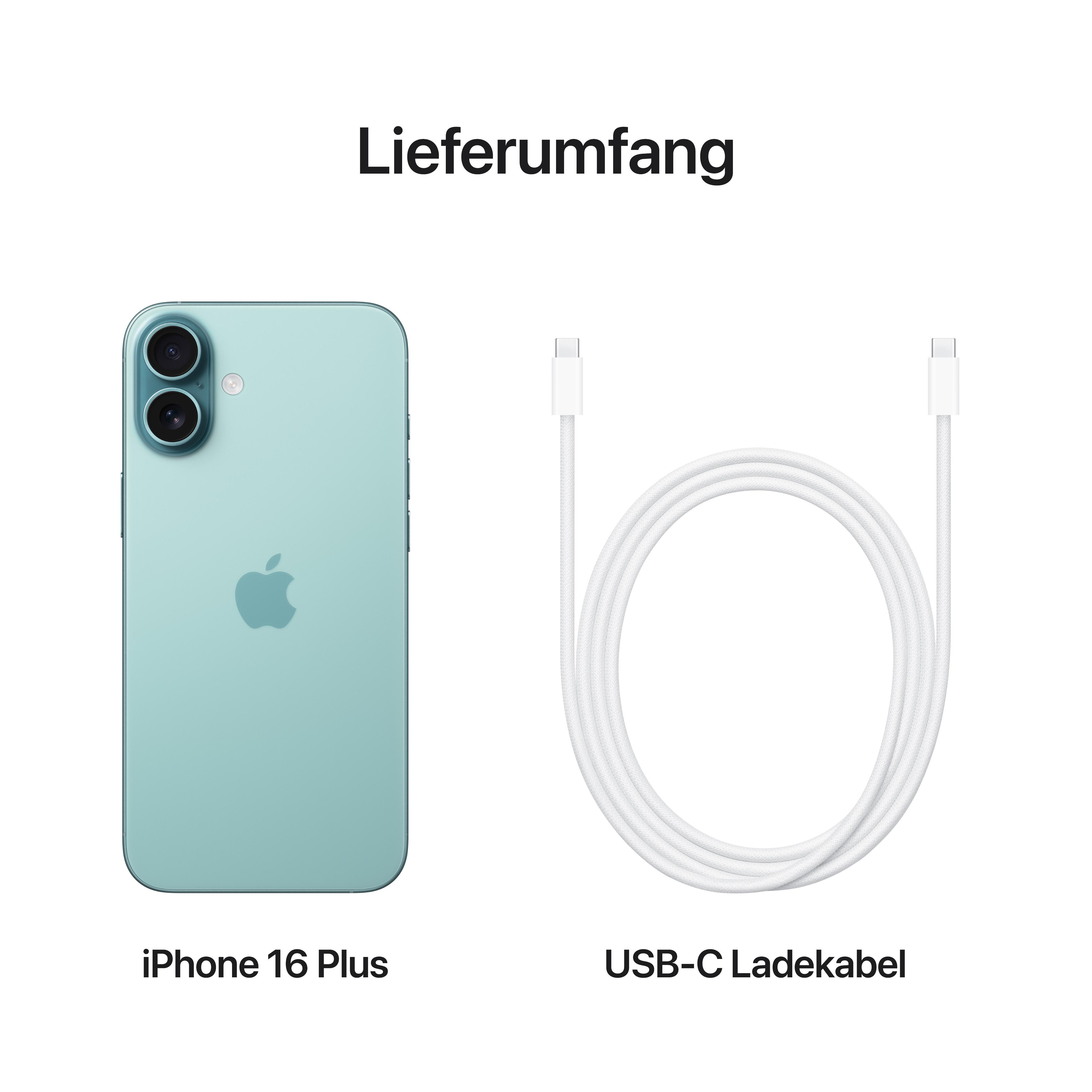 Grünes iPhone 16 Plus und ein weißes USB-C-Ladekabel. Text: Lieferumfang.