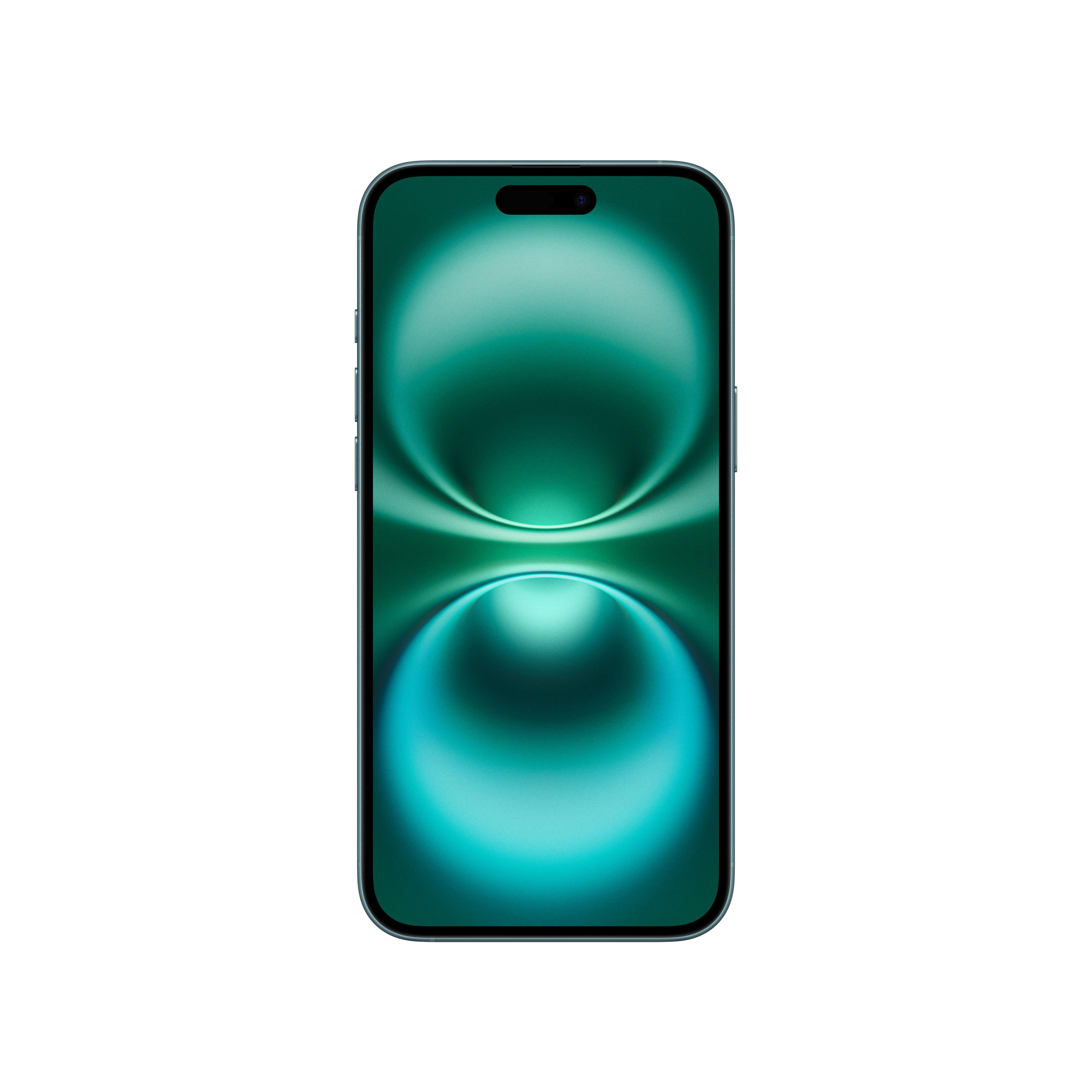 Modernes Smartphone, türkis. Es hat einen glatten Bildschirm und einen pillenförmigen Kameraausschnitt. Weißer Hintergrund.