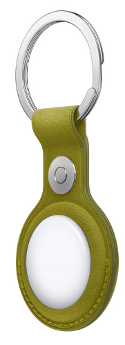 Zielony skórzany uchwyt Apple AirTag ze srebrnym brelokiem.