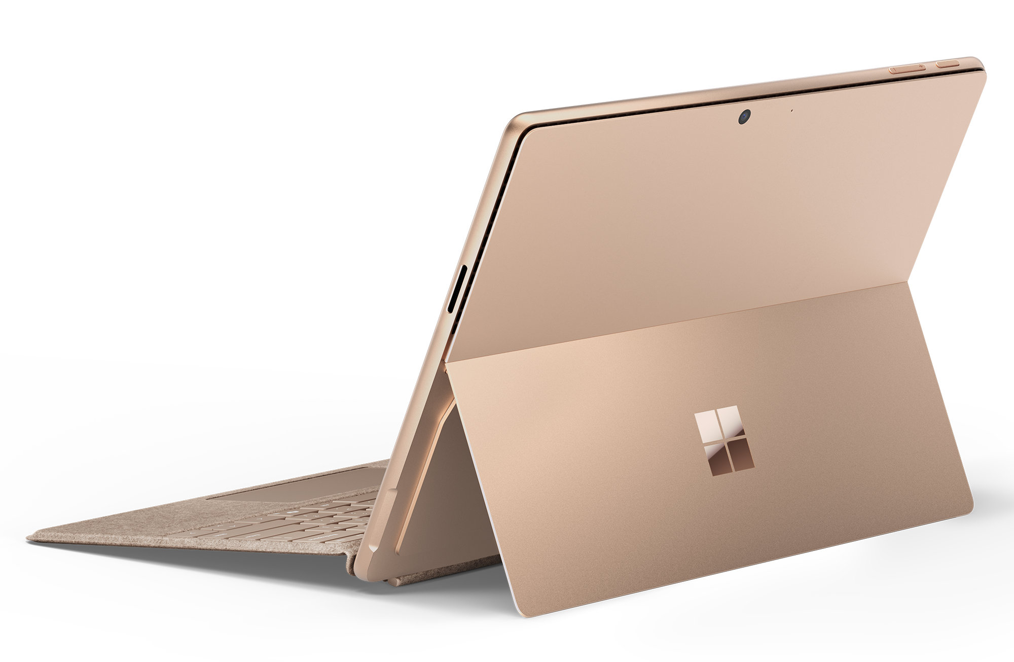 Złoty tablet z klawiaturą. Ekran otwarty, pokazujący białe tło. Białe tło.