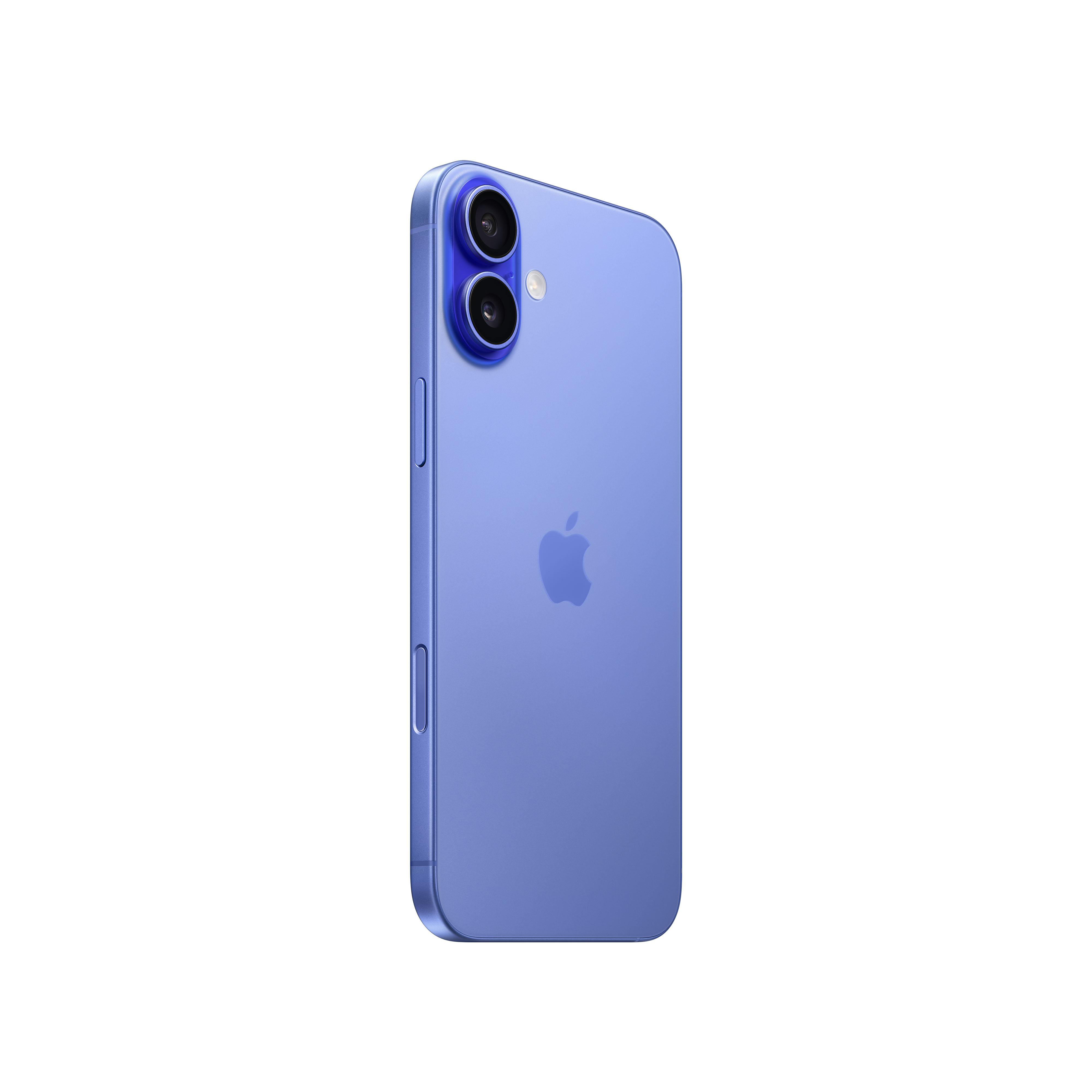 Ein blaues Telefon, die Rückseite, mit dem Apple-Logo auf weißem Hintergrund.