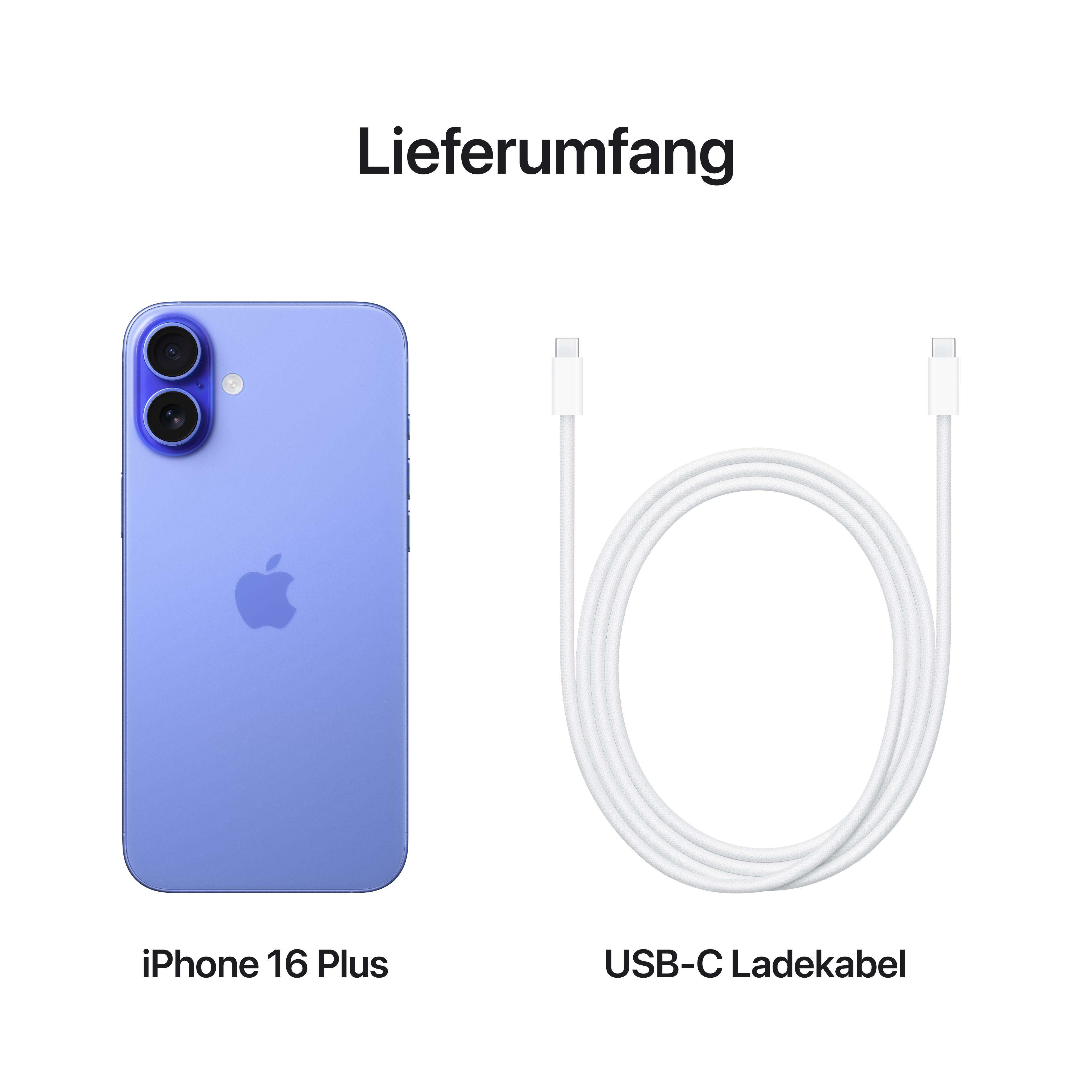 iPhone 16 Plus und USB-C Ladekabel. Text: iPhone 16 Plus, USB-C Ladekabel.