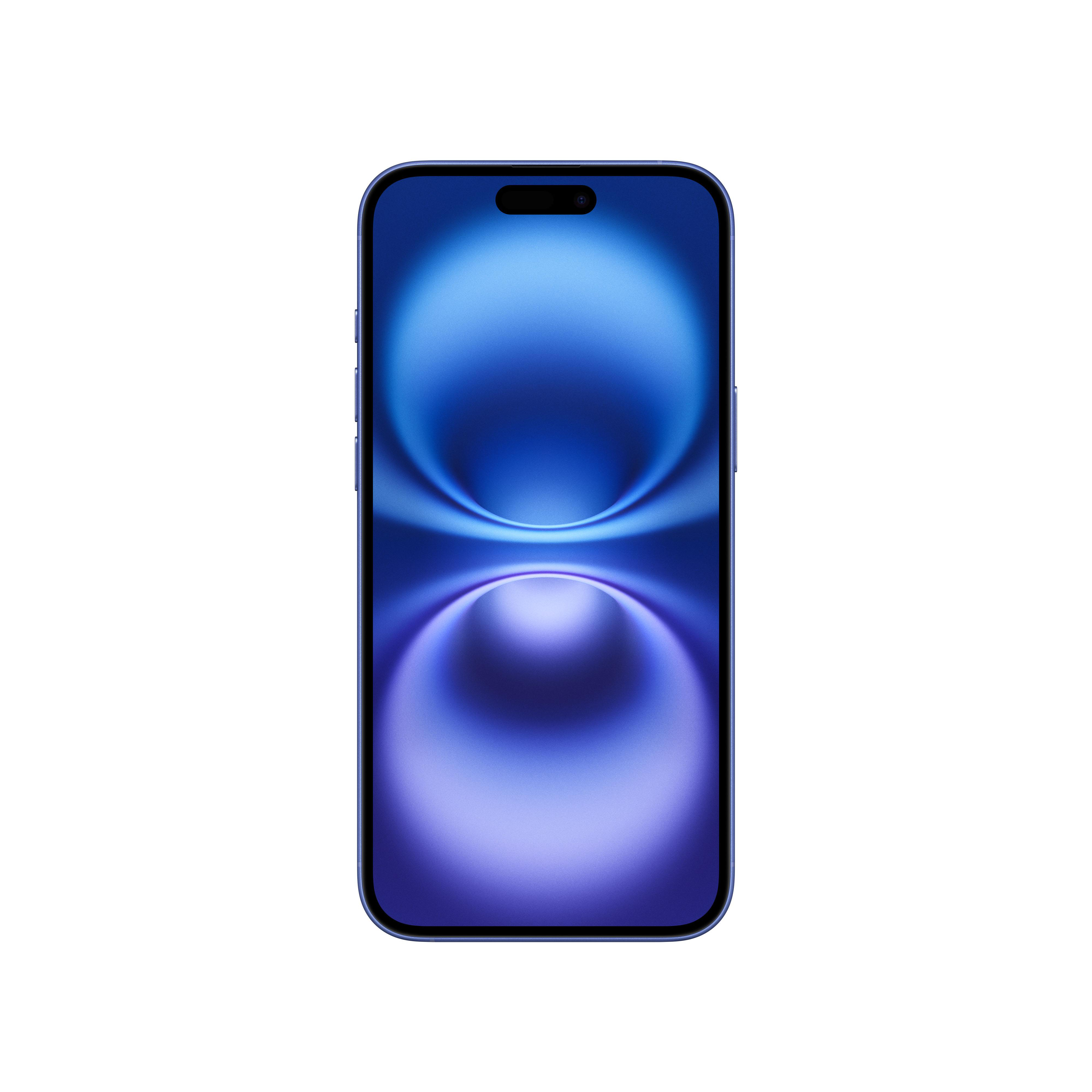 Blaues iPhone auf weißem Hintergrund. Der Bildschirm zeigt einen blau-violetten Farbverlauf.