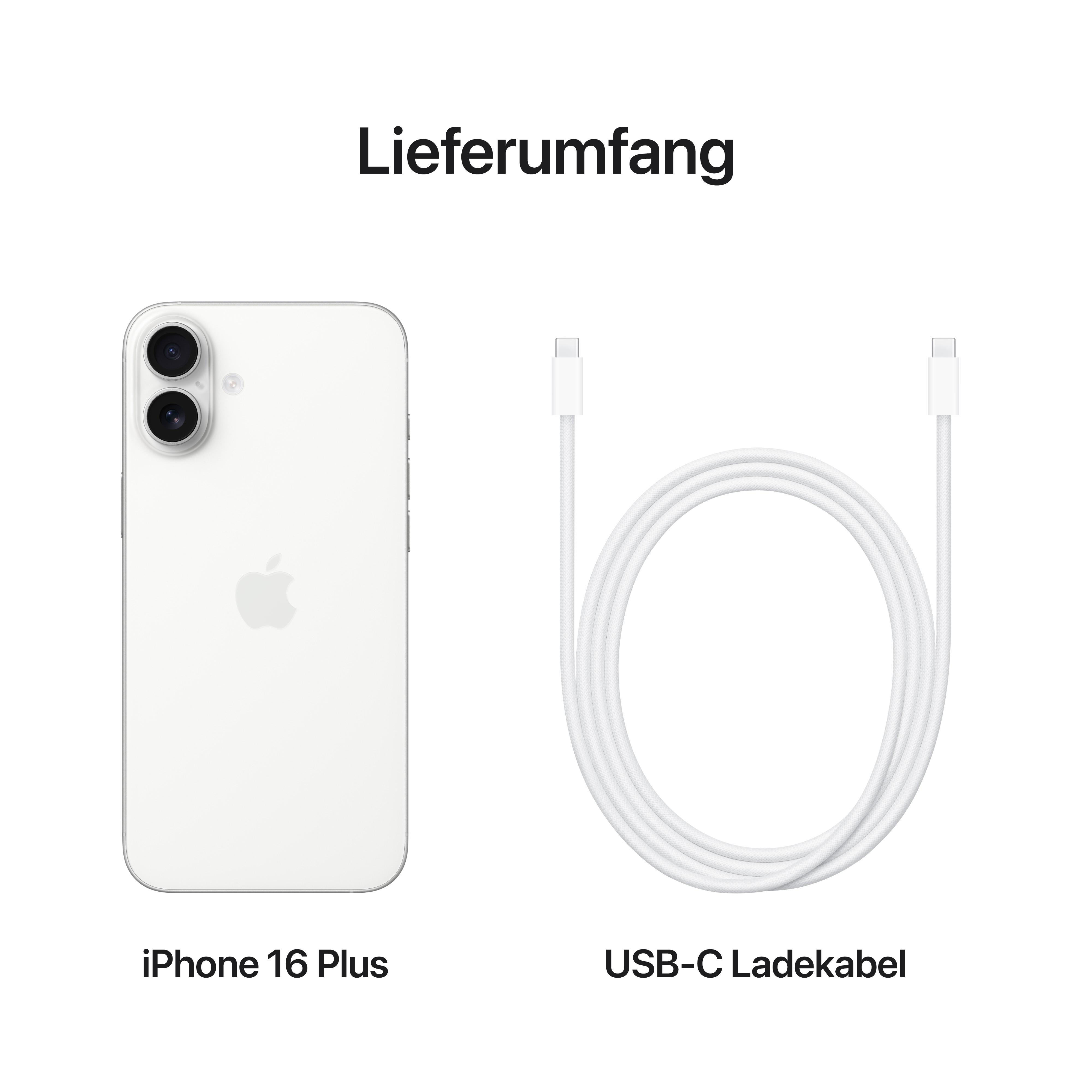 Weißes iPhone 16 Plus und USB-C-Ladekabel.