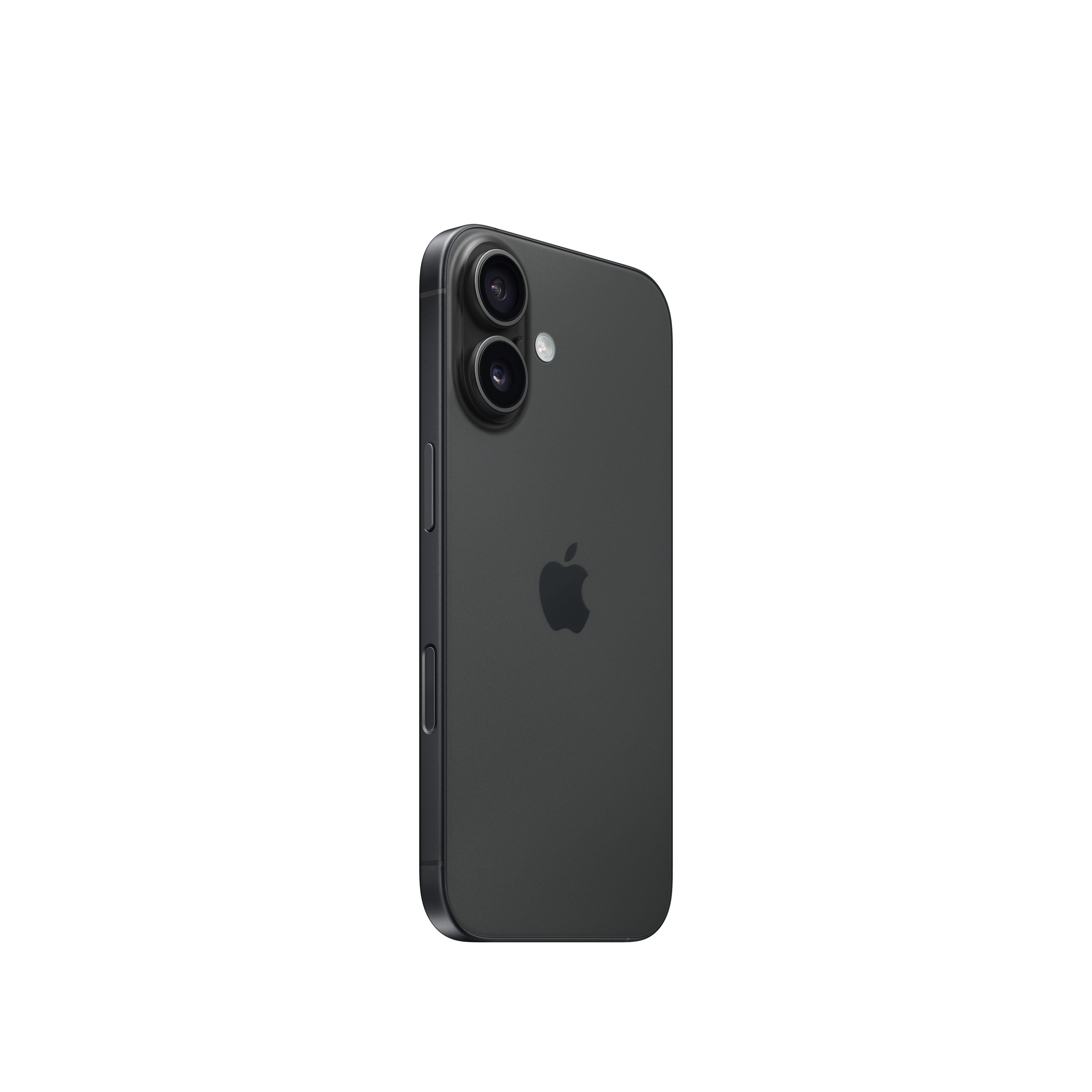 Die Rückseite eines schwarzen iPhones auf weißem Hintergrund, zeigt Kamera und Apple-Logo.