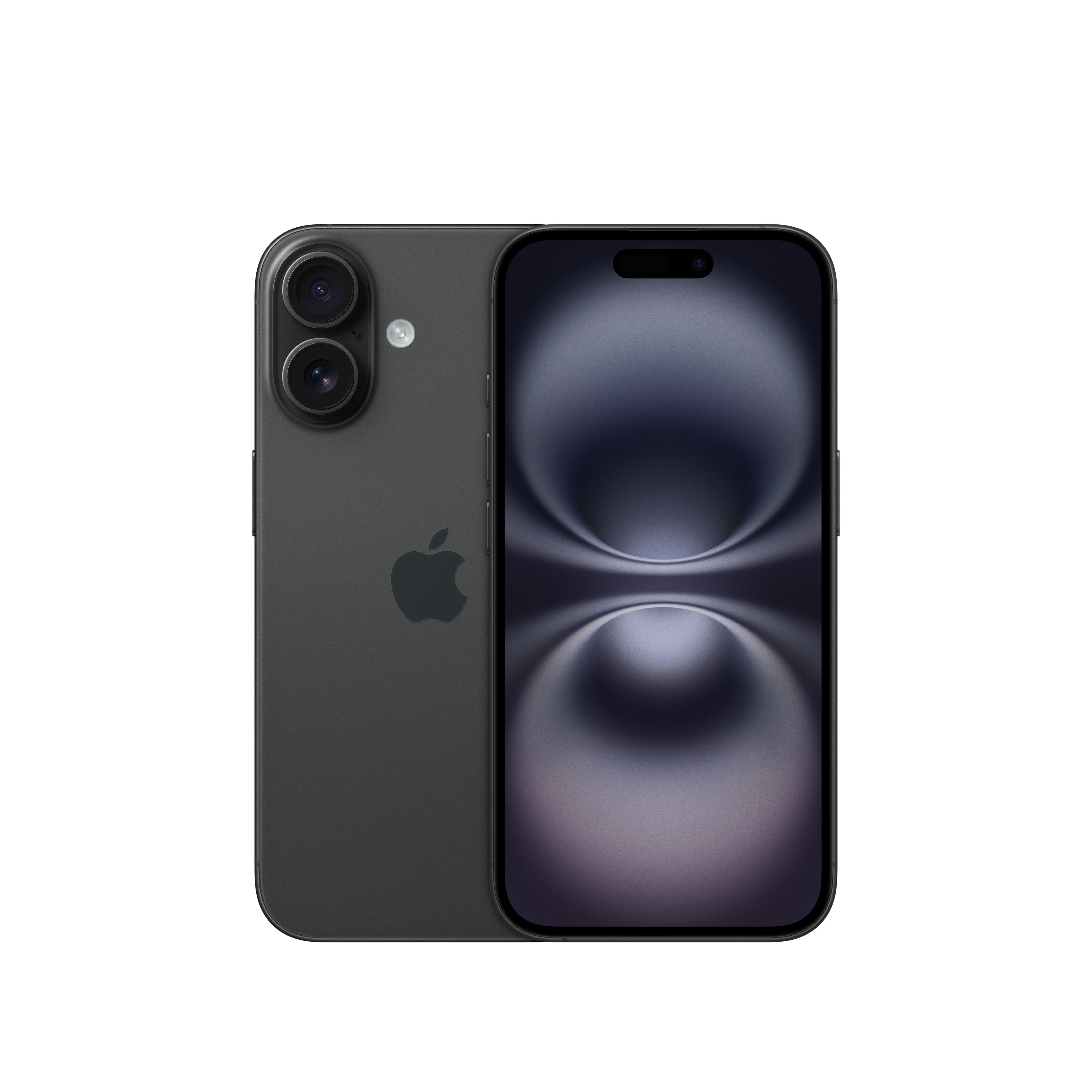 Dunkelgraues iPhone mit zwei Kameras. Apple-Logo hinten, Bildschirm zeigt rosa Farbverläufe.