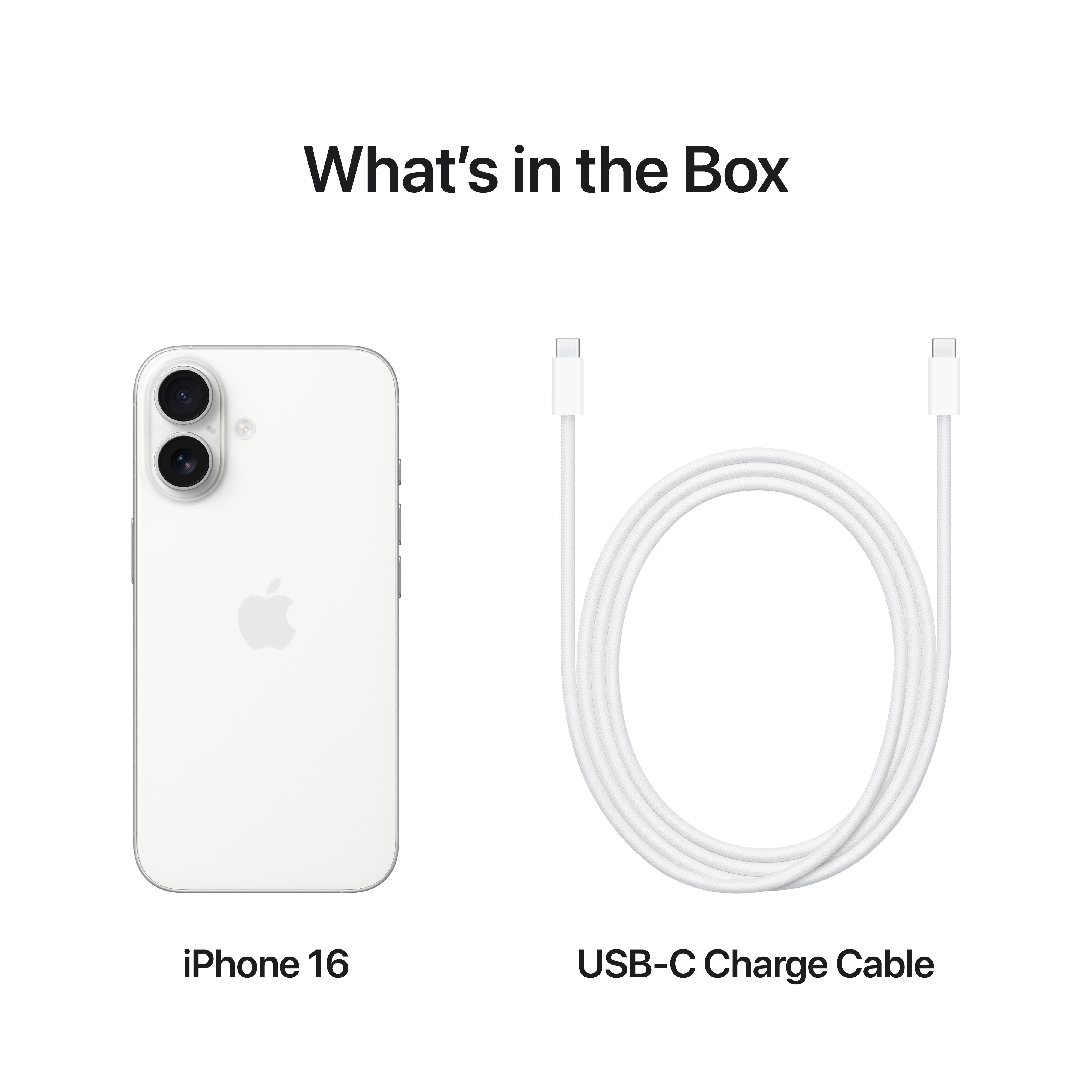 Ein iPhone 16 und ein USB-C-Ladekabel werden auf weißem Hintergrund mit 'Was ist in der Box' gezeigt.