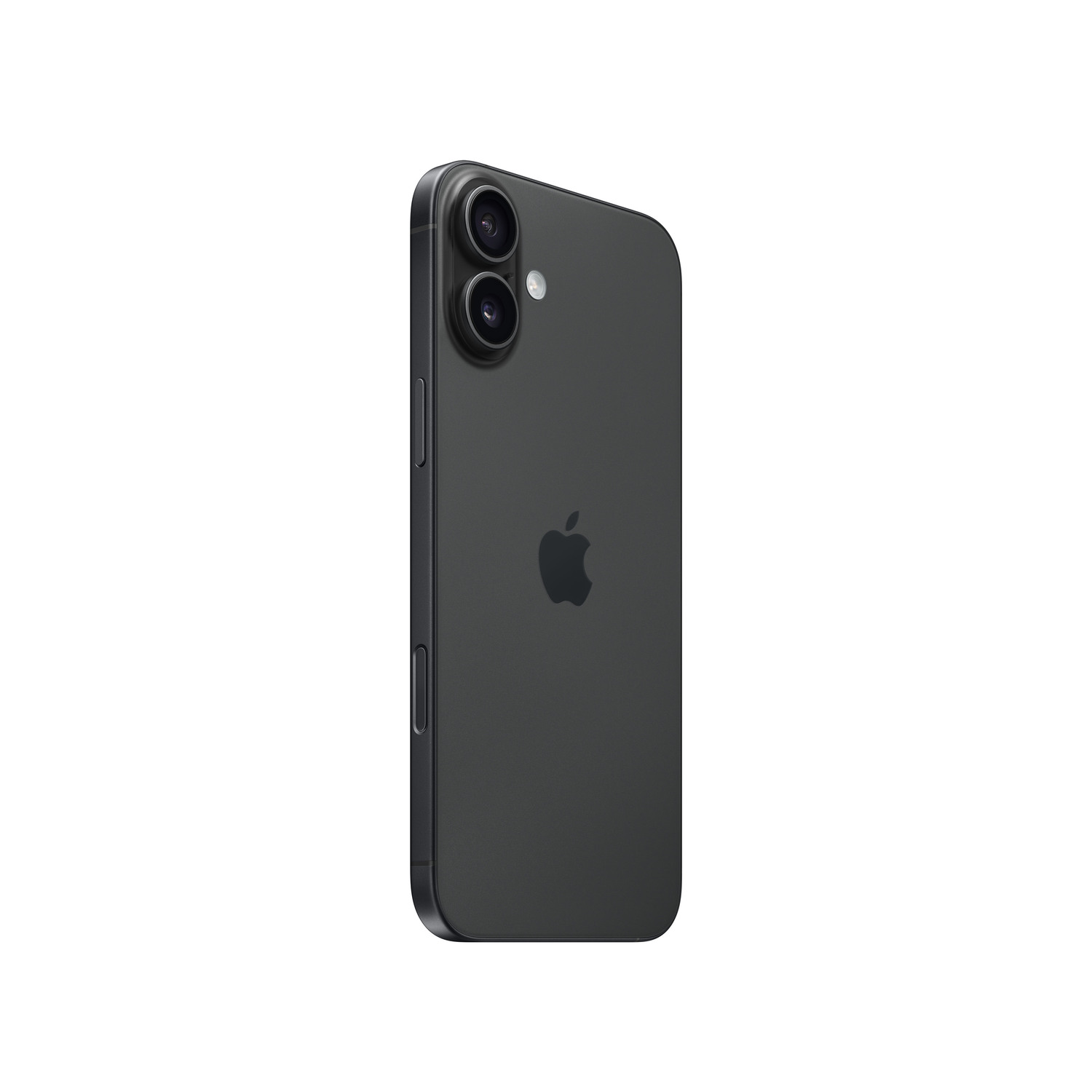 Dark gray iPhone, back view. Apple logo in the center. Camera lenses at the top left.