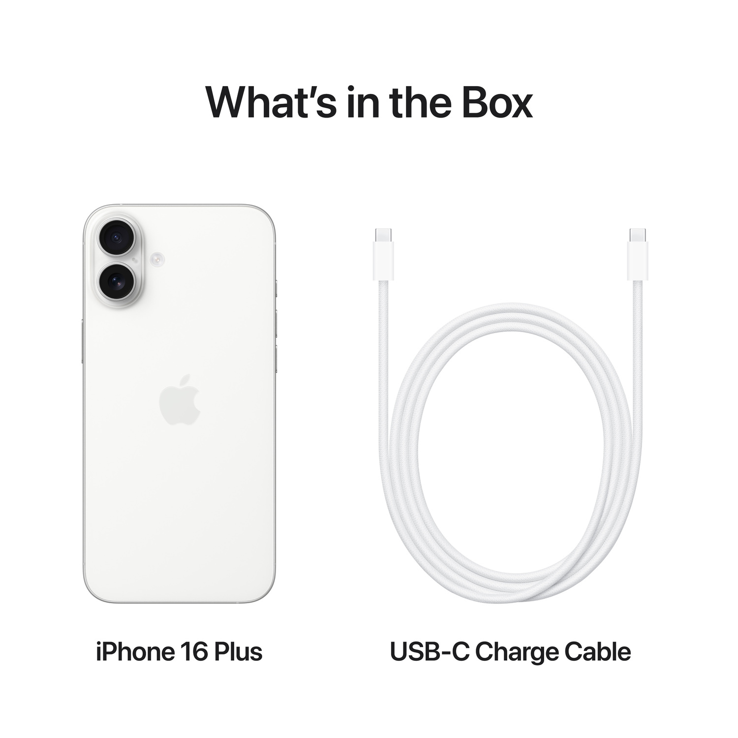 White iPhone 16 Plus and white USB-C cable on a white background, text: What's in the Box.