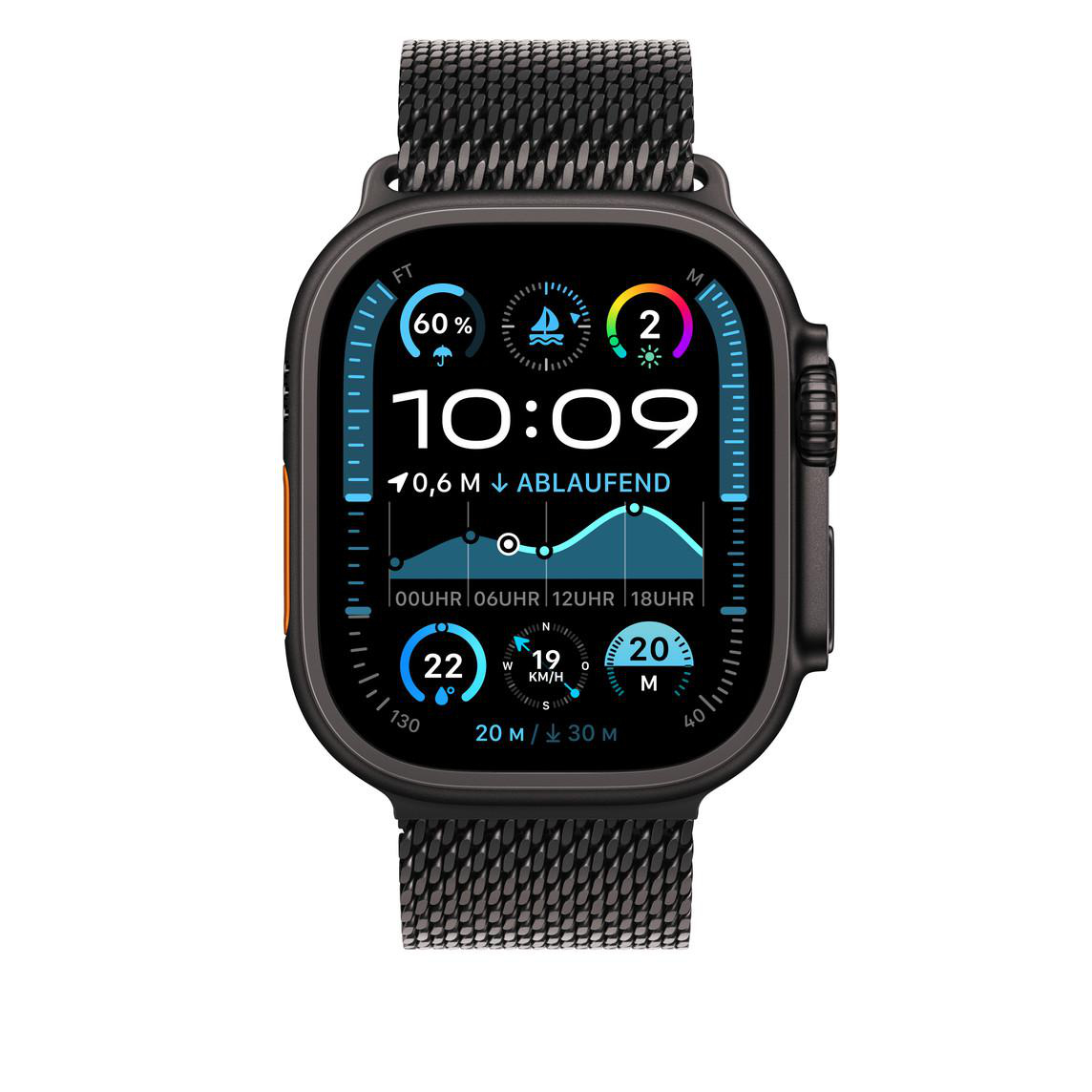 Apple Watch Bildschirm mit Metriken: Zeit, Höhe, Herzfrequenz und Aktivitätsringe. Schwarzes Armband.